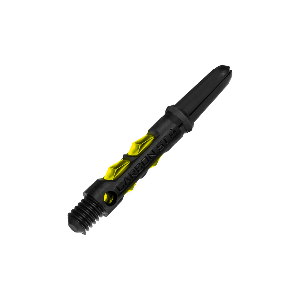HR419_Harrows_Carbon_ST_Shafts_Gelb_33mm_2 Das Bild zeigt einen Harrows Carbon ST Schaft in Gelb. Der Schaft ist hauptsächlich schwarz mit gelben Akzenten und der Aufschrift "CARBON ST".