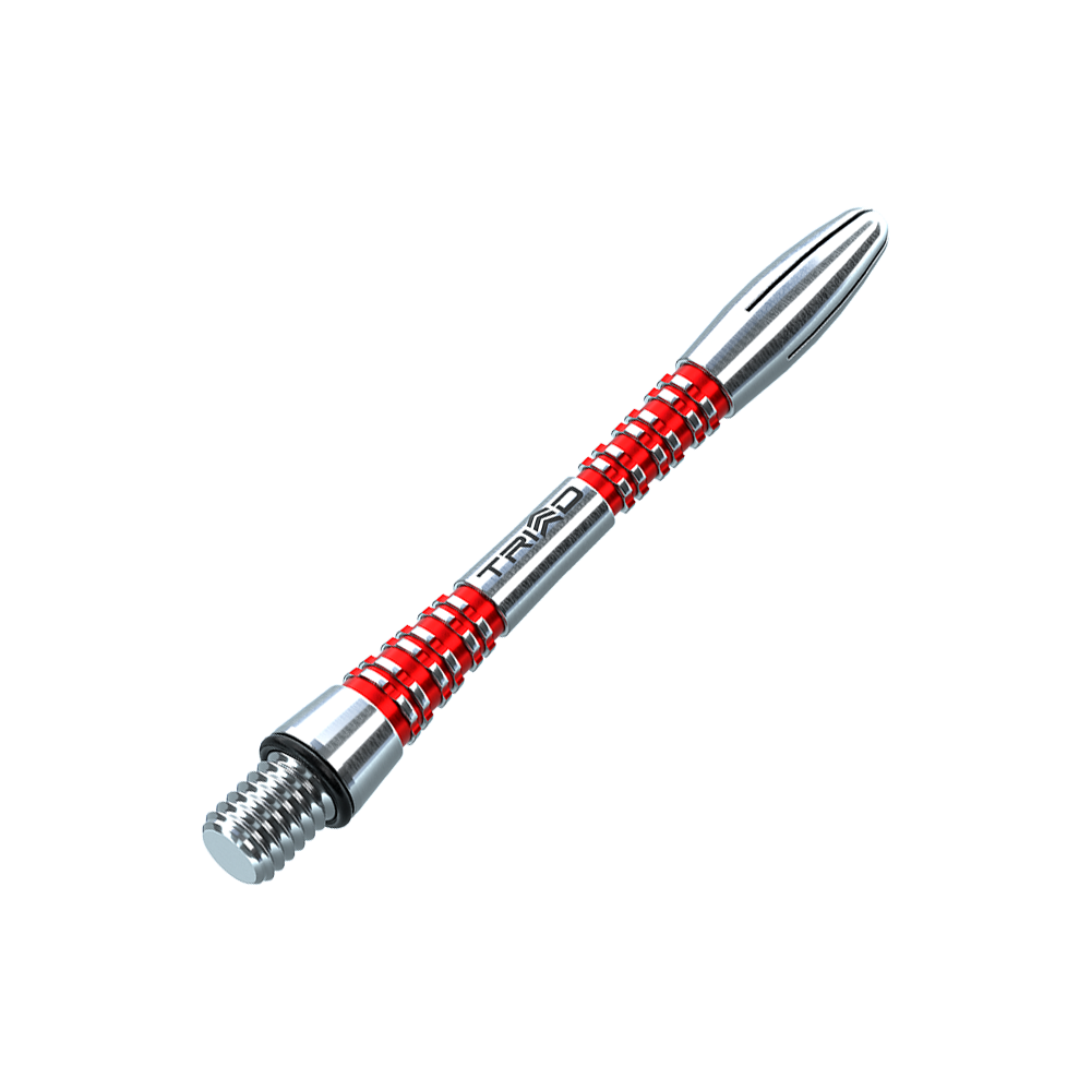 Das Bild zeigt einen Winmau Triad Aluminium Shaft in der Farbe Rot. Der Schaft ist silberfarben mit roten Ringen und trägt die Aufschrift "TRIAD".