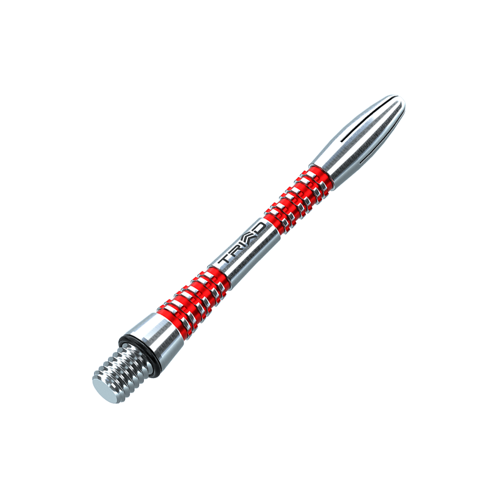 7013-402_Winmau_Triad_Aluminium_Shafts_Rot_41mm_2 Das Bild zeigt einen Winmau Triad Aluminium Shaft in der Farbe Rot. Der Schaft ist silberfarben mit roten Ringen und trägt die Aufschrift "TRIAD".