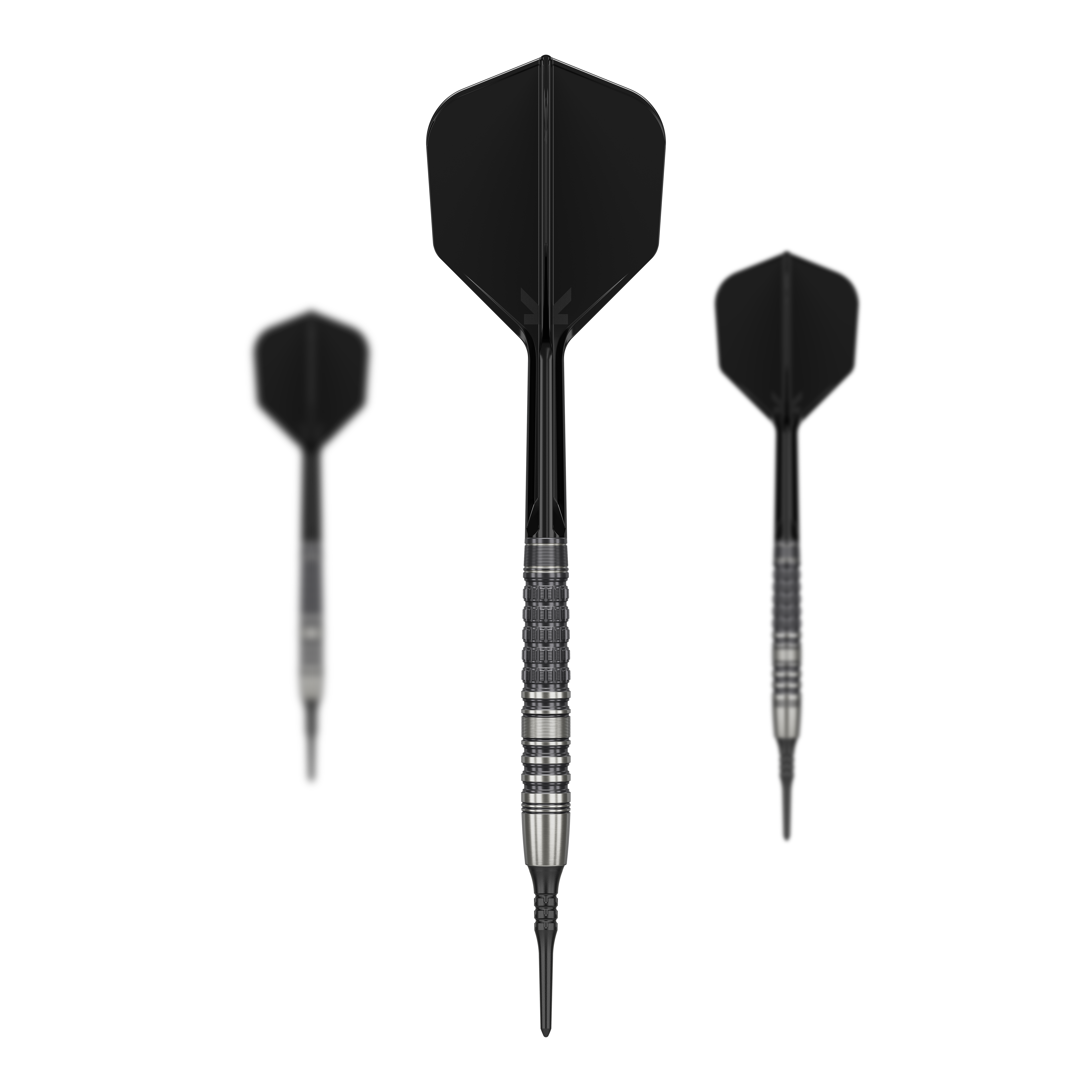 Das Bild zeigt drei schwarze Softdarts des Modells "Target Japan Black Marque Lumiere GEN3" mit einem Gewicht von 18,5g. Die Dartpfeile haben silber-schwarze Griffrillen und schwarze Flights.