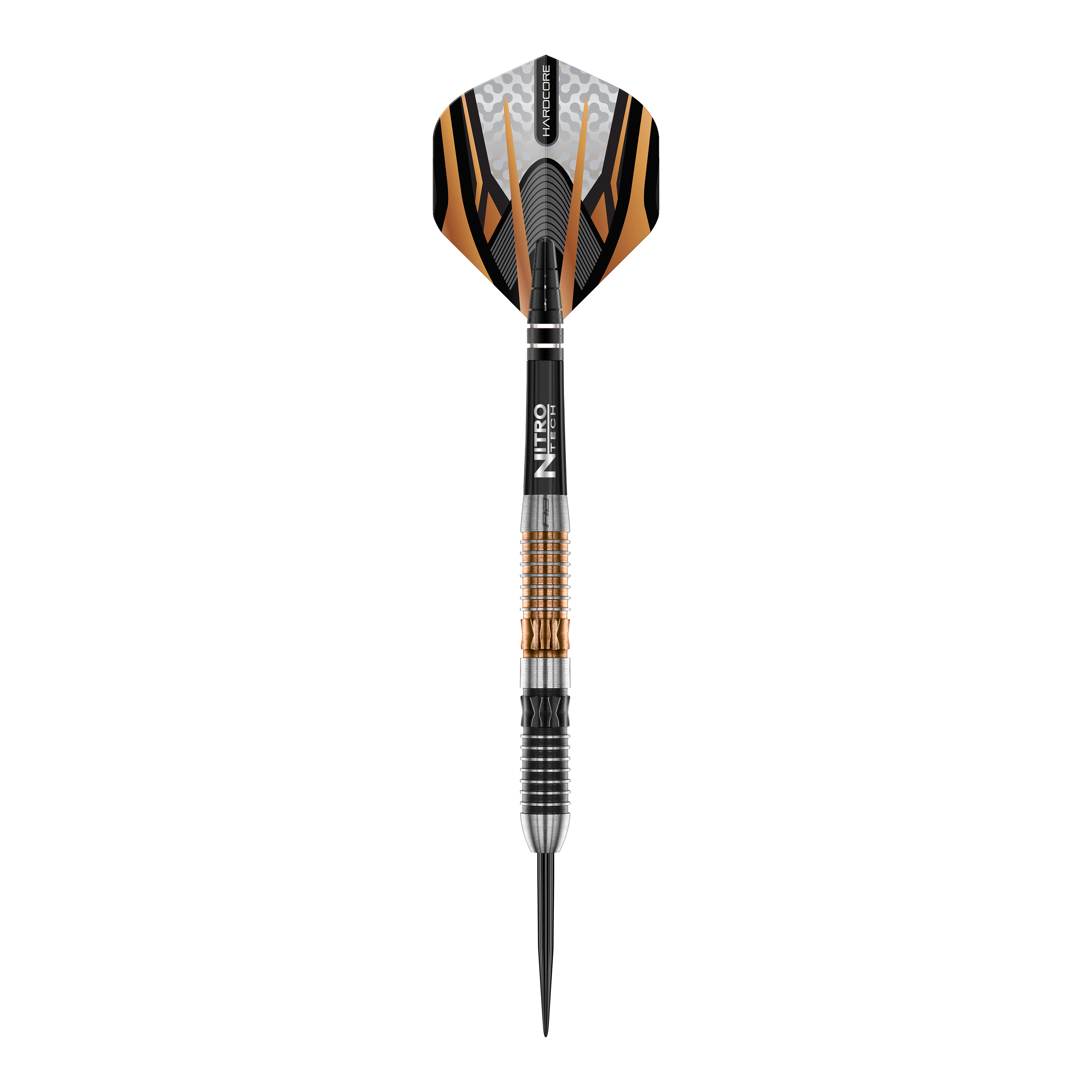 Das Bild zeigt einen Red Dragon Panterra Steeldart mit auffälligem orange-schwarzem Design. Der Dart verfügt über eine strukturierte Griffzone und eine scharfe Metallspitze.