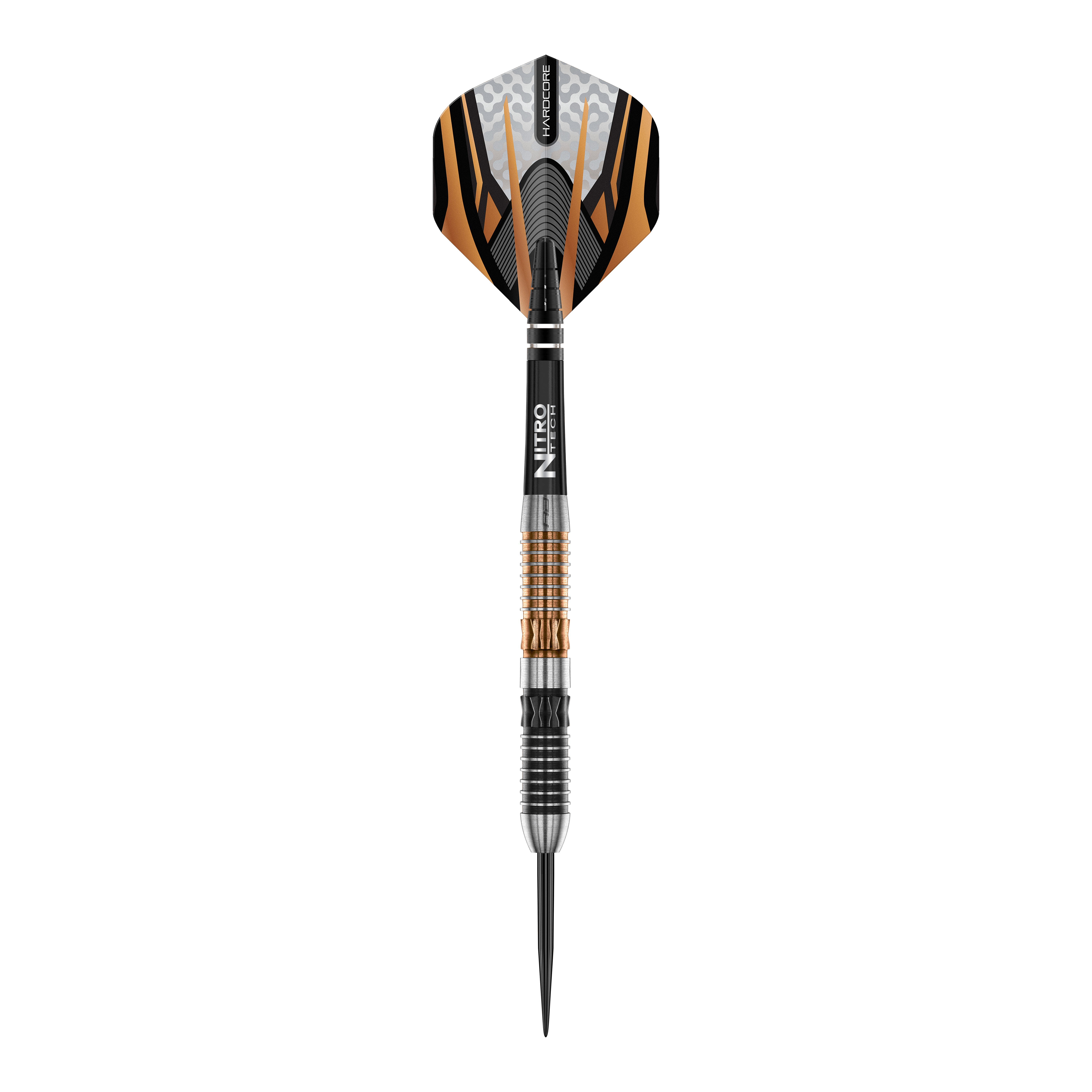 Red Dragon Panterra Steeldarts Das Bild zeigt einen Red Dragon Panterra Steeldart mit auffälligem orange-schwarzem Design. Der Dart verfügt über eine strukturierte Griffzone und eine scharfe Metallspitze.