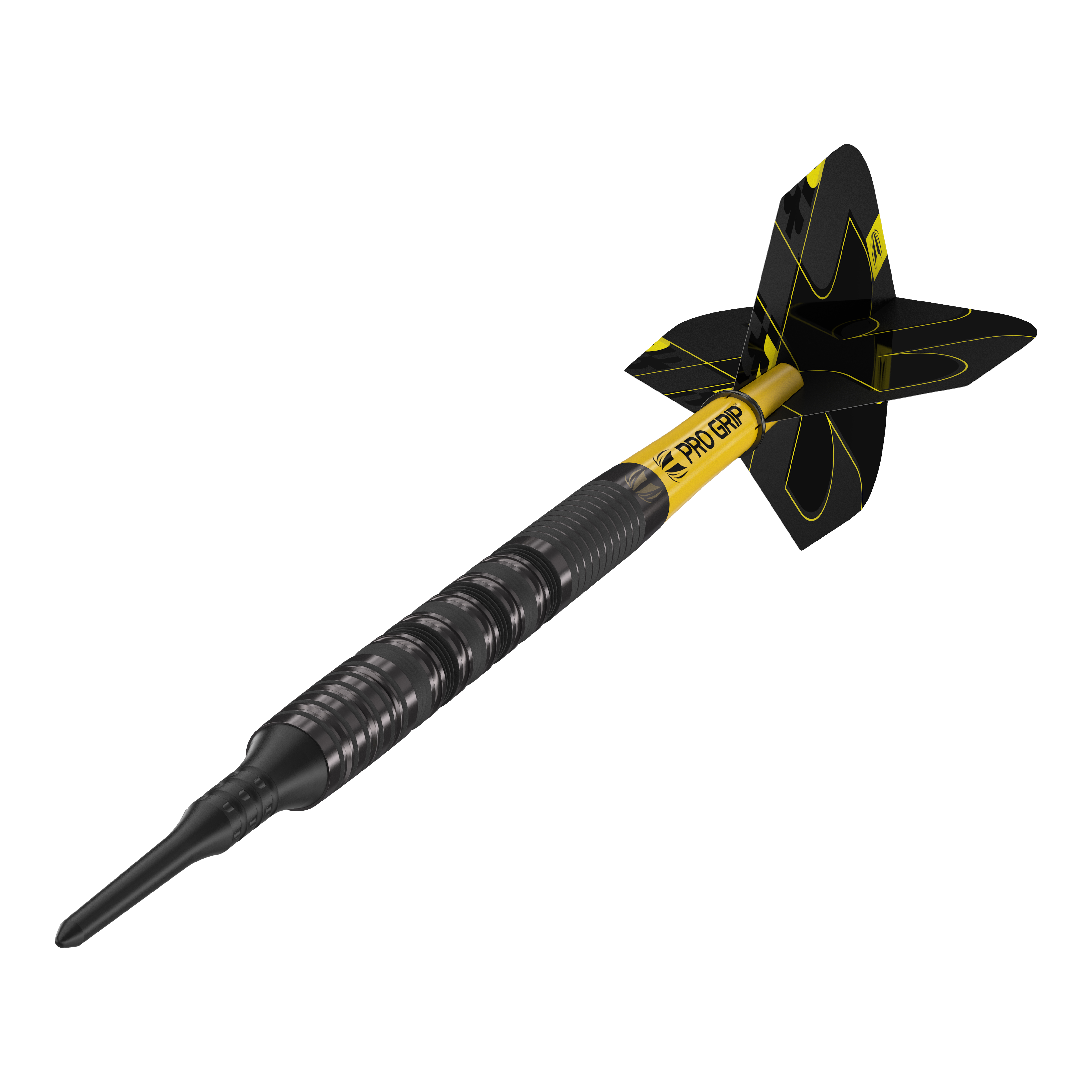 Das Bild zeigt einen Target Bolide Void 10 Softdart. Der Softdart ist schwarz mit gelben Akzenten und hat eine strukturierte Griffzone.