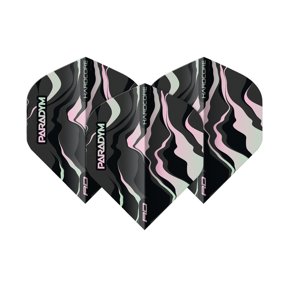 Das Bild zeigt vier Dart-Flights des Modells 'Red Dragon Hardcore Paradym No2 Standard Flights'. Die Flights haben ein abstraktes Muster in Schwarz, Rosa und Grau mit den Aufschriften "PARADYM" und "HARDCORE".