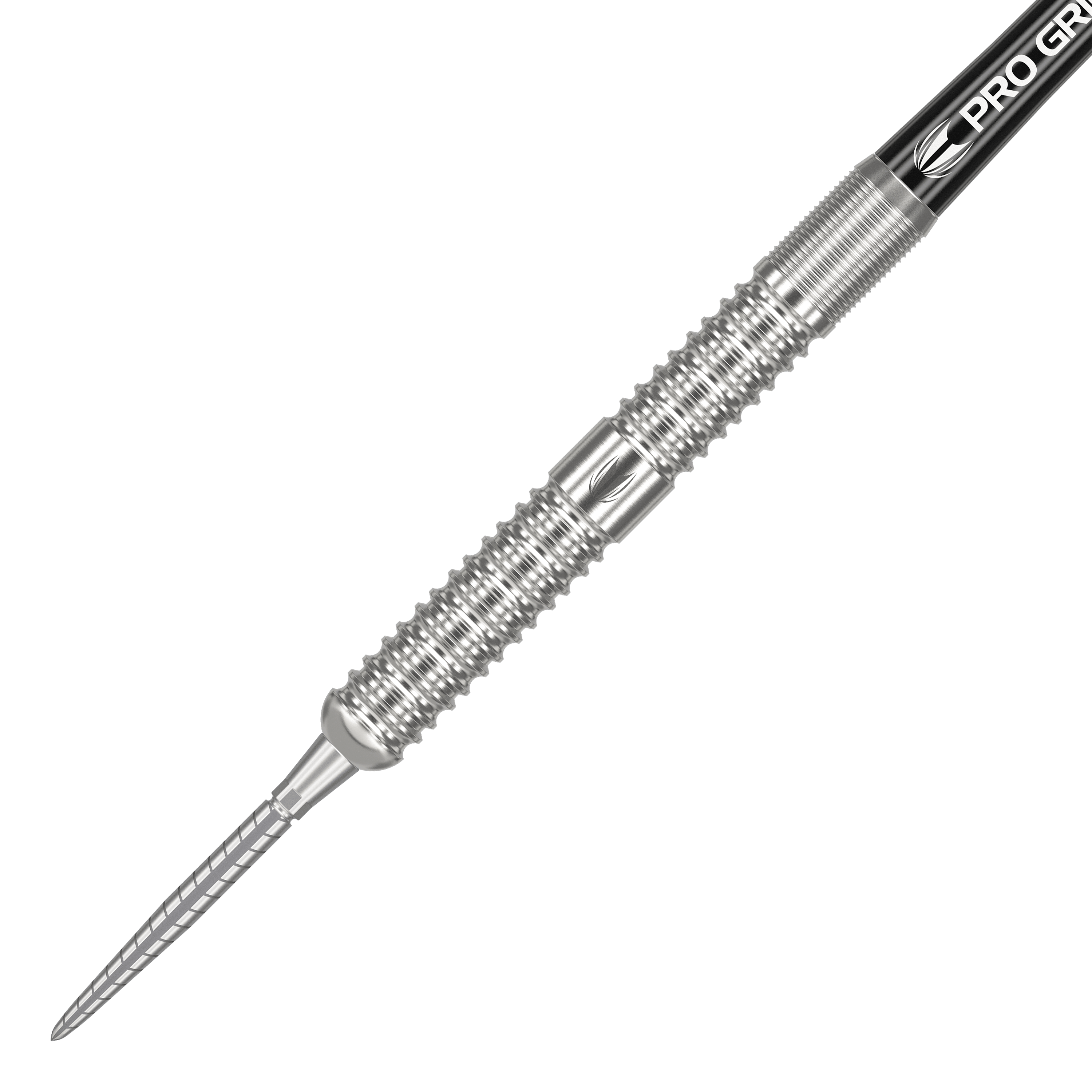 Target Sebastian Bialecki GEN1 Swiss Point Steeldarts - 22g Auf dem Bild ist ein steeldart mit silbernem, gerilltem Barrel und spitzem Metallkopf zu sehen. Es handelt sich um das Produkt "Target Sebastian Bialecki GEN1 Swiss Point Steeldarts - 22g".