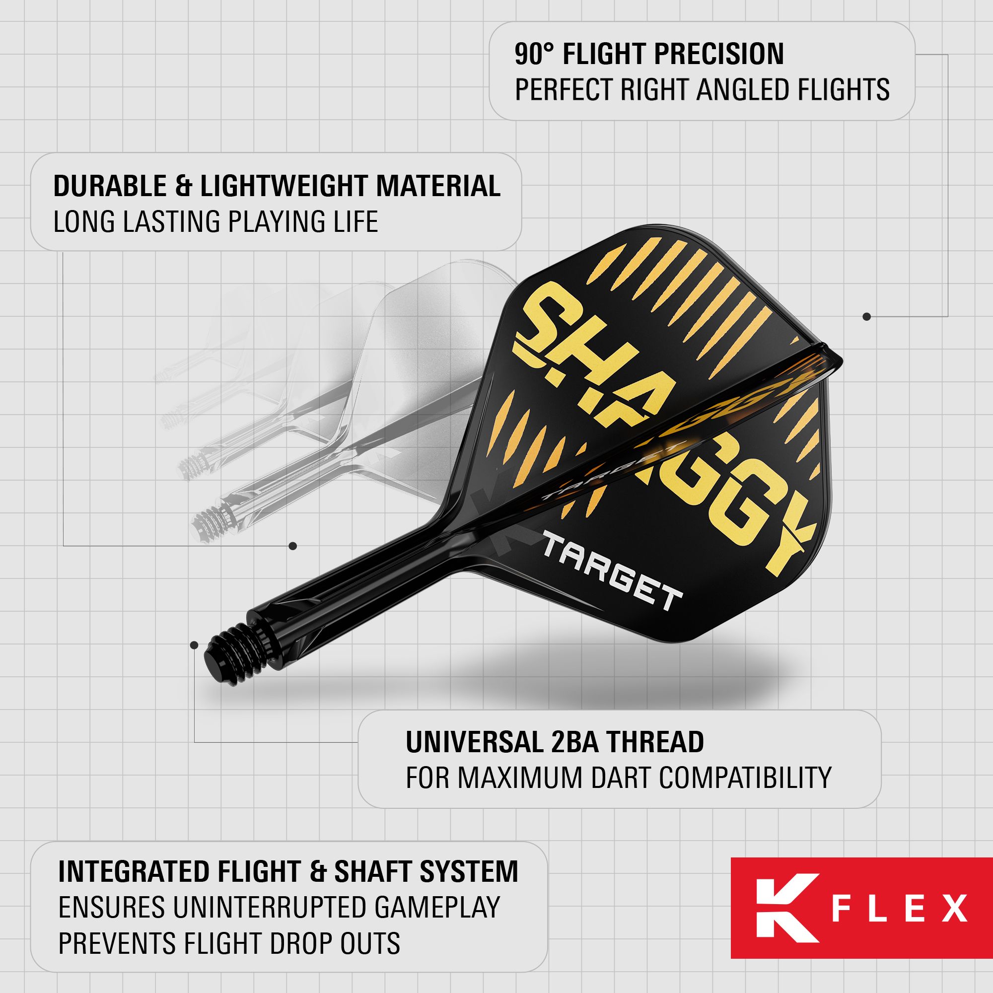 Das Bild zeigt das Produkt „Target K-Flex Scott Williams No2 Standard Flights“ mit den wichtigsten Merkmalen. Es hebt die langlebigen Materialien, die präzise Flugausrichtung und das integrierte Flight- und Shaft-System hervor.