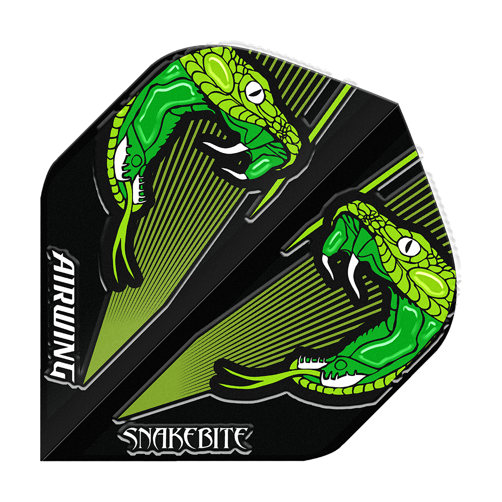 Das Bild zeigt die Red Dragon Airwing Peter Wright Green Standard Flights. Die Flights sind schwarz mit grünen Schlangen und den Aufschriften "AIRWING" und "SNAKEBITE" bedruckt.