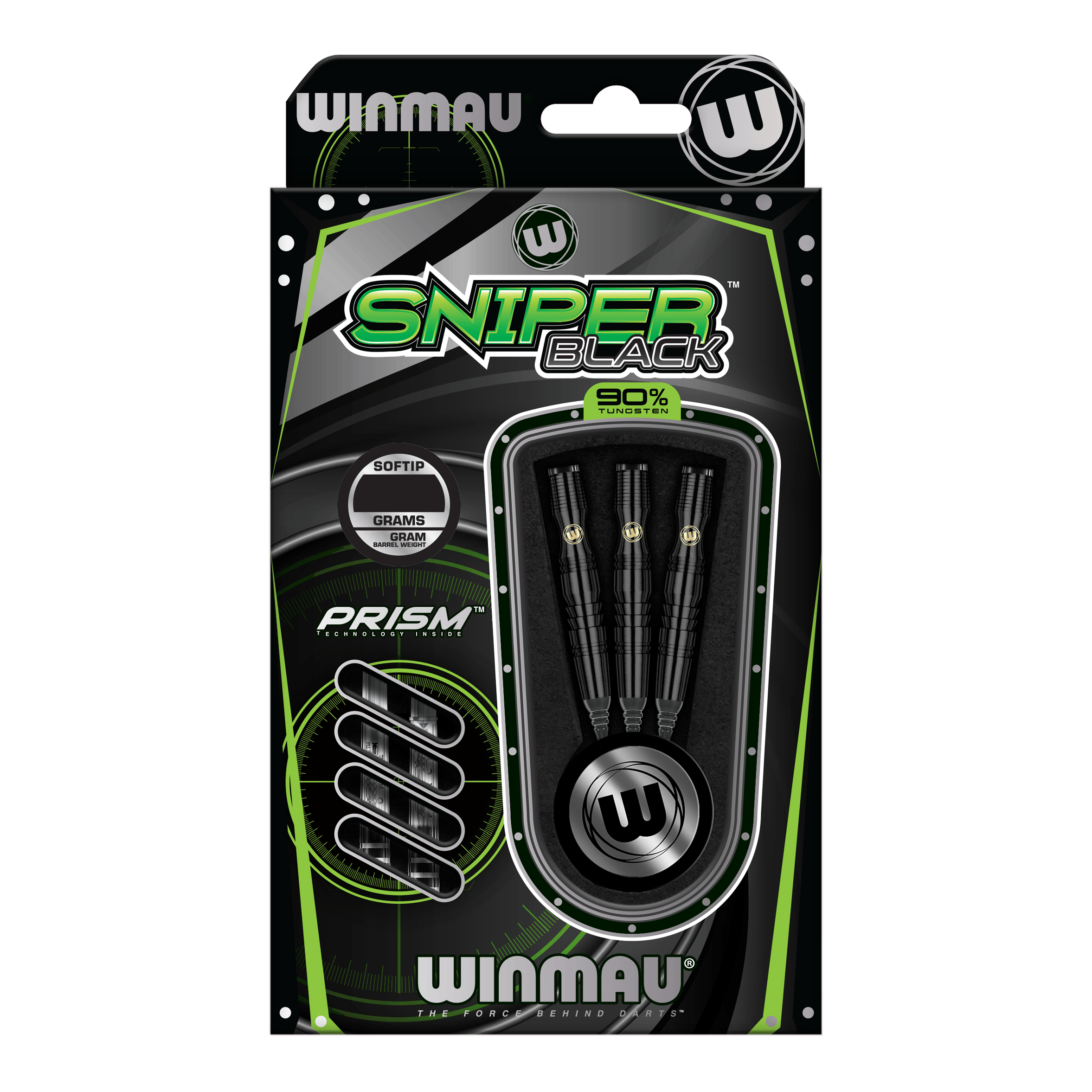 Winmau Sniper Black Softdarts - 20g Die Abbildung zeigt die Winmau Sniper Black Softdarts mit einem Gewicht von 20g. Die Verpackung enthält drei schwarze Softdarts aus 90% Tungsten.