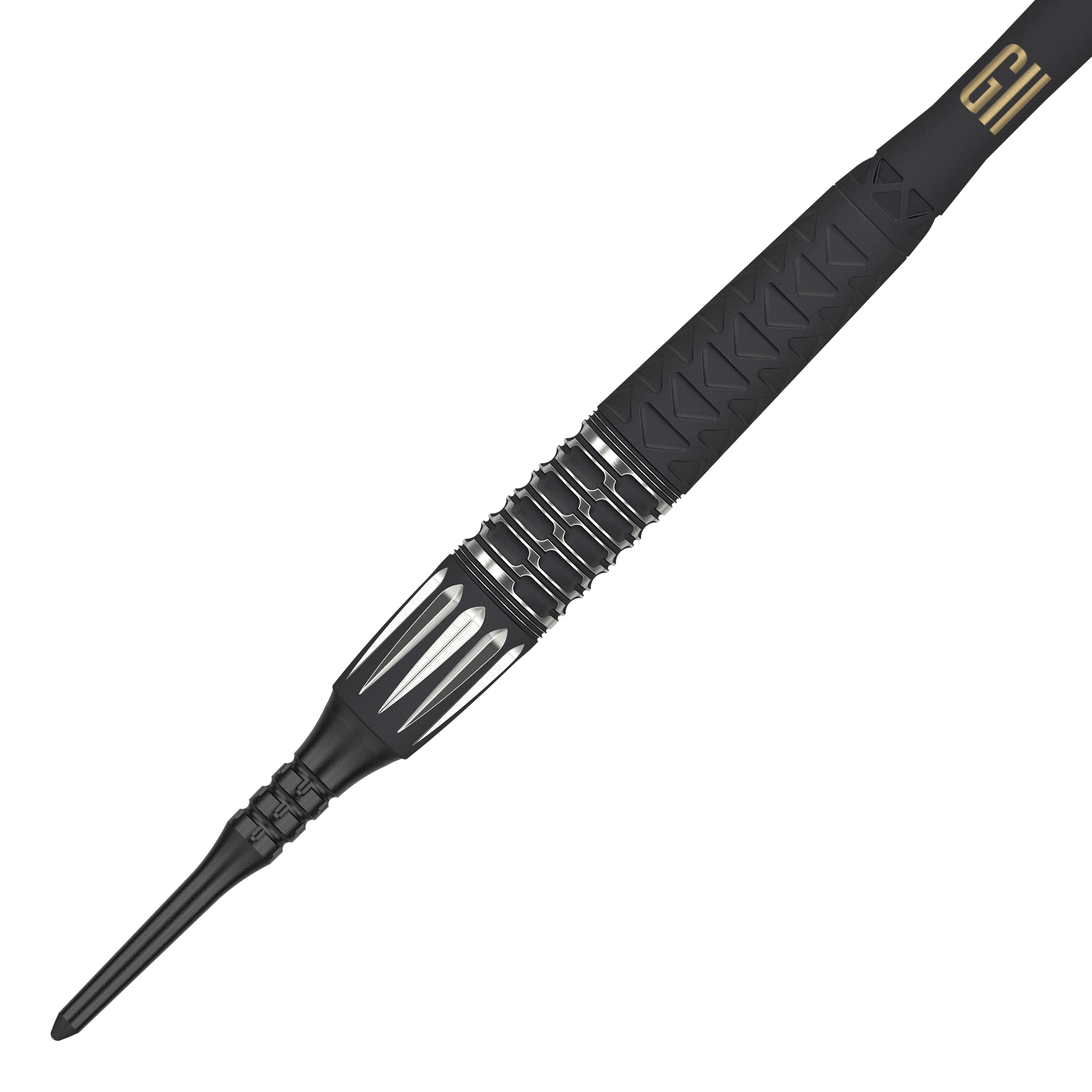 Das Bild zeigt einen Target Phil Taylor RAW Power 9Five GEN11 Softdart. Der Dartpfeil ist schwarz mit silbernen Akzenten und hat ein modernes, griffiges Design.