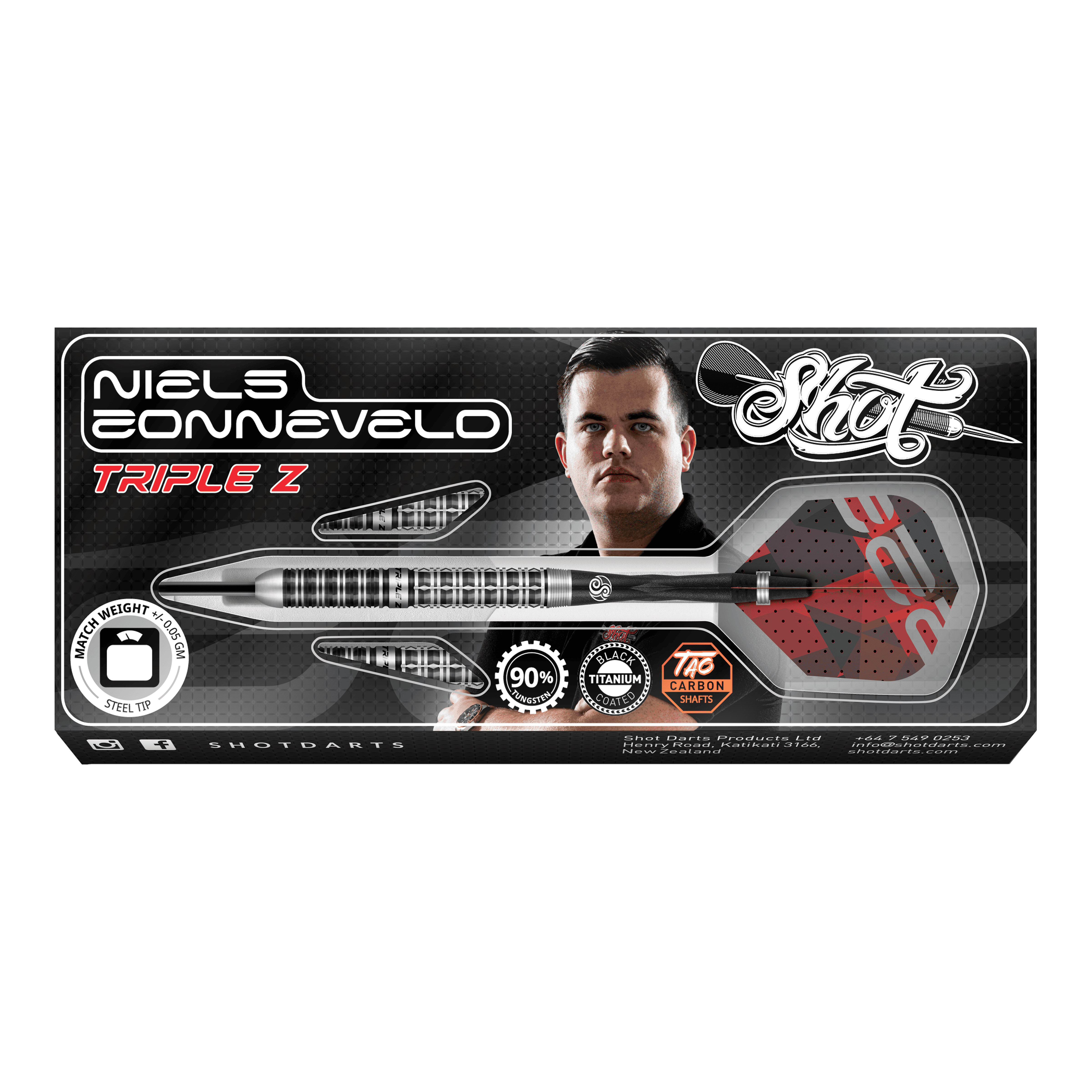 Auf dem Bild ist die Verpackung der "Shot Niels Zonneveld V2 Steeldarts" zu sehen. Die Verpackung zeigt einen Dartpfeil, das Logo und ein Porträt von Niels Zonneveld.