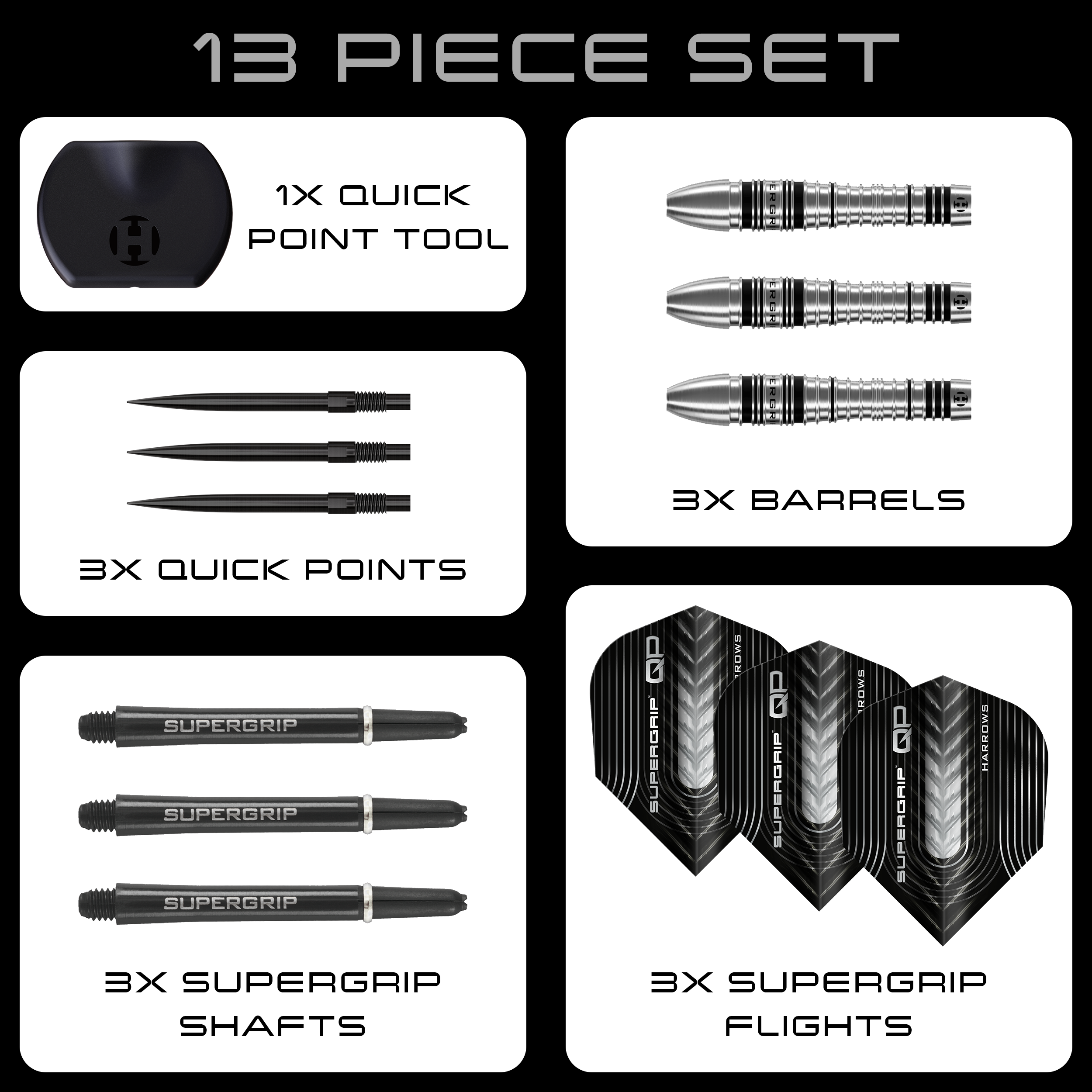 Harrows Supergrip Bomb Quick Point Steeldarts Hier sind die Harrows Supergrip Bomb Quick Point Steeldarts zu sehen. Die Darts eignen sich hervorragend für präzises Spiel.
