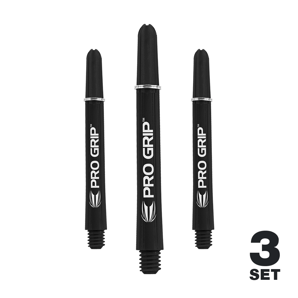 Target Pro Grip Shafts - 3 Sets - Schwarz Das Bild zeigt drei schwarze Dartschäfte der Marke "Pro Grip". In der rechten unteren Ecke steht "3 Set".