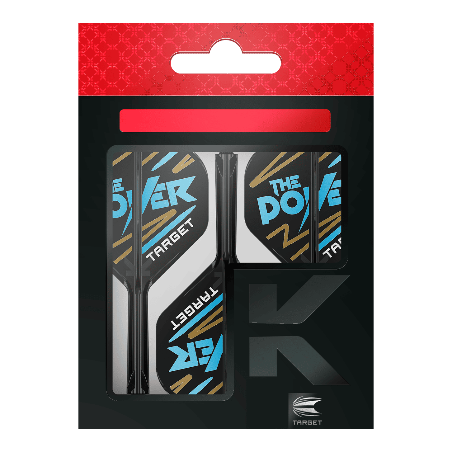 Das Bild zeigt eine Packung „Target K-Flex Phil Taylor No2 Standard Flights“. Die Flights sind überwiegend schwarz und weiß mit blauen und goldenen Akzenten und der Aufschrift „The Power“.