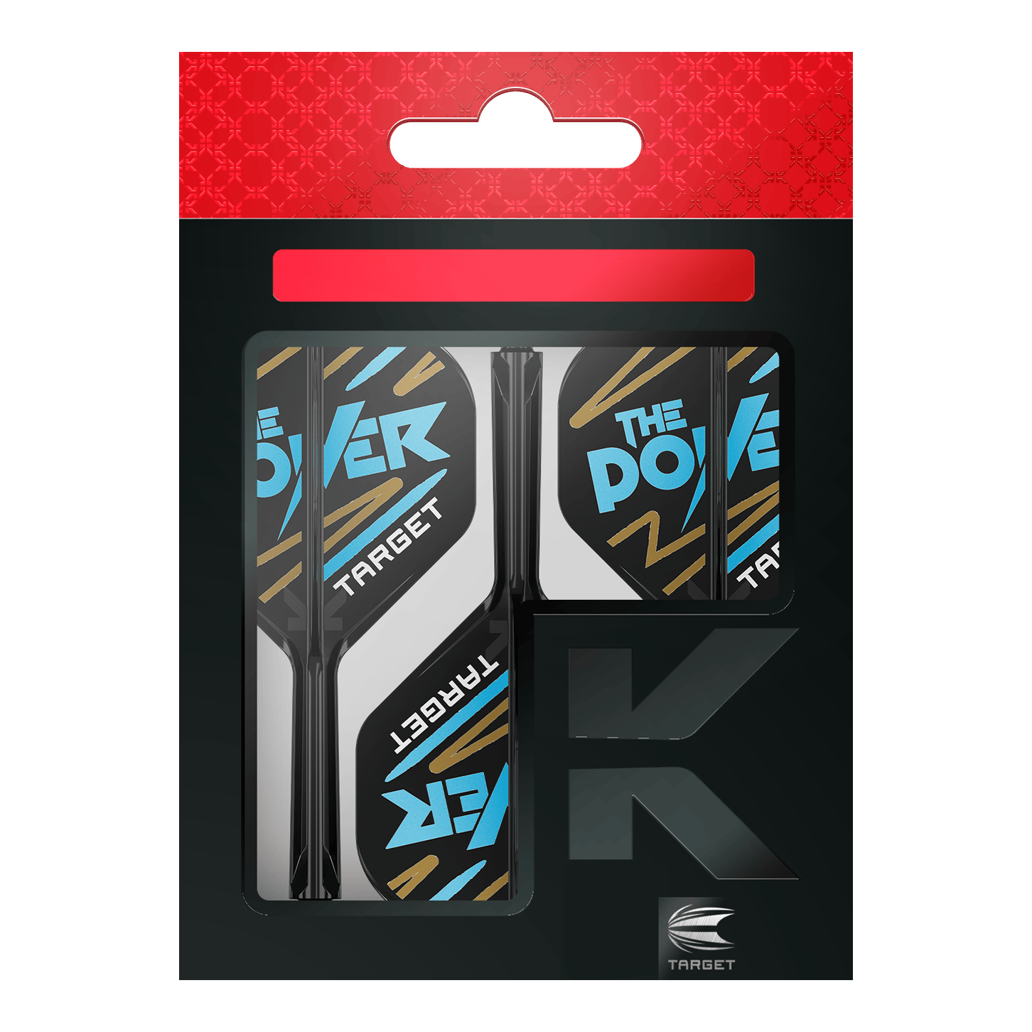 Target K-Flex Phil Taylor No2 Standard Flight-Shaft-System Das Bild zeigt eine Packung „Target K-Flex Phil Taylor No2 Standard Flights“. Die Flights sind überwiegend schwarz und weiß mit blauen und goldenen Akzenten und der Aufschrift „The Power“.