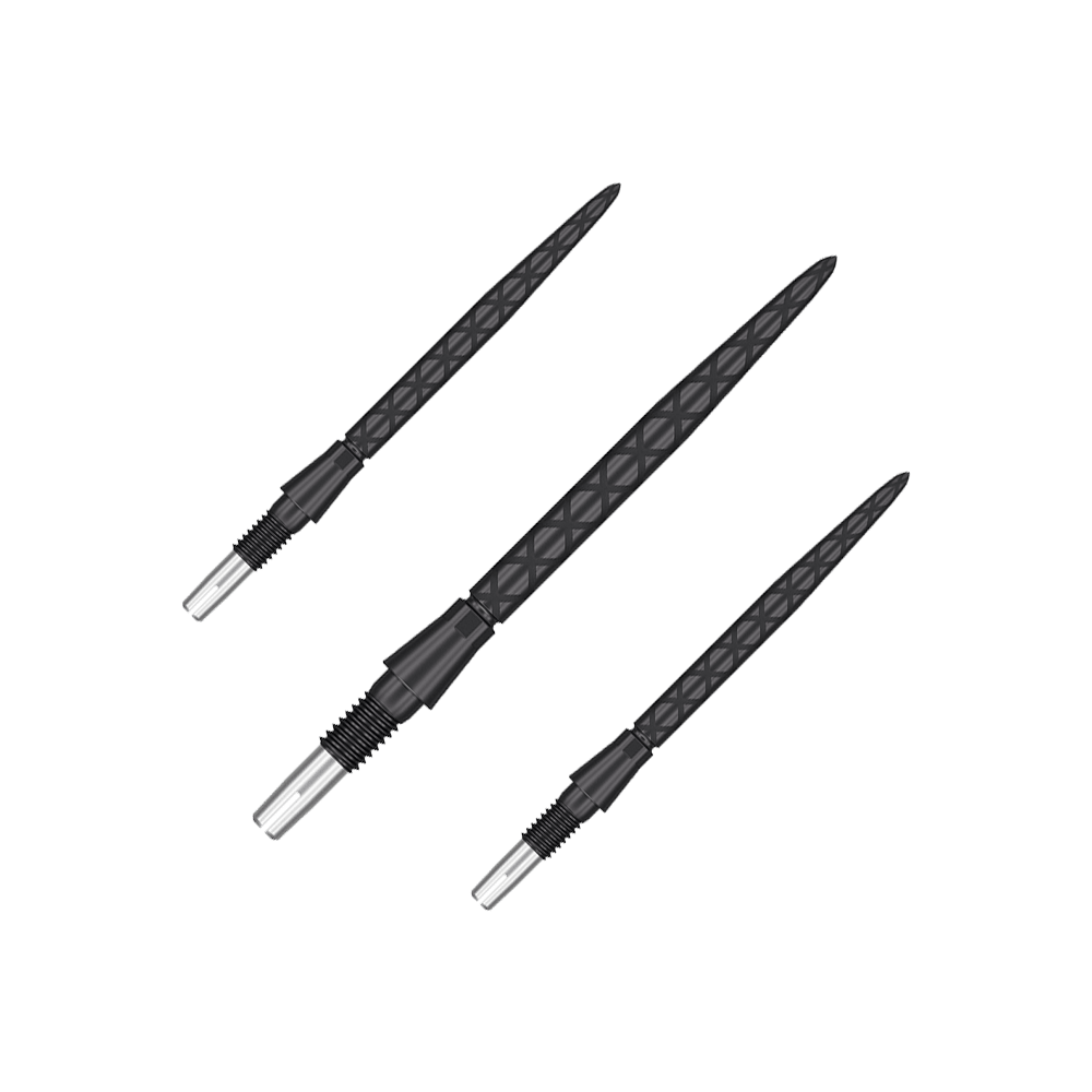 Target Swiss Storm Diamond Point Dartspitzen - Schwarz Das Bild zeigt drei schwarze Dartspitzen mit diamantförmigem Muster. Sie sind in einer Reihe nebeneinander angeordnet.