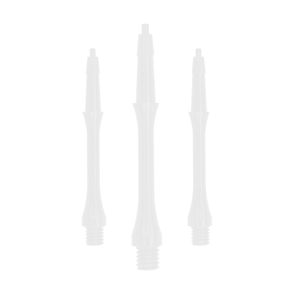 Das Bild zeigt drei weiße, schlanke Dartschäfte der Marke Harrows Clic Slim. Die Schäfte sind aufrecht nebeneinander angeordnet und haben ein schlichtes, elegantes Design.