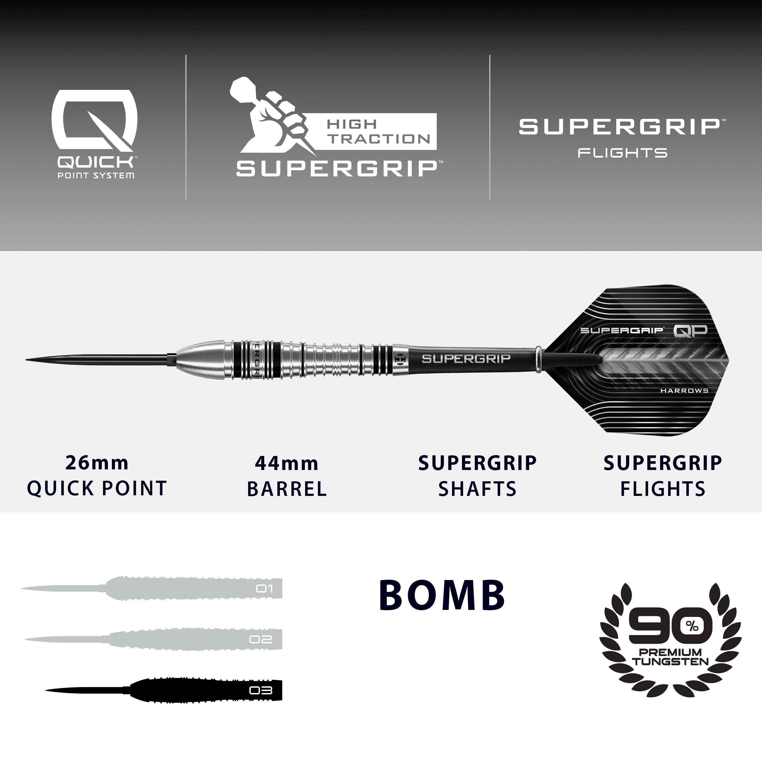 Harrows Supergrip Bomb Quick Point Steeldarts Dies ist ein Bild der Harrows Supergrip Bomb Quick Point Steeldarts. Die Steeldarts zeichnen sich durch ihren besonders guten Grip aus.