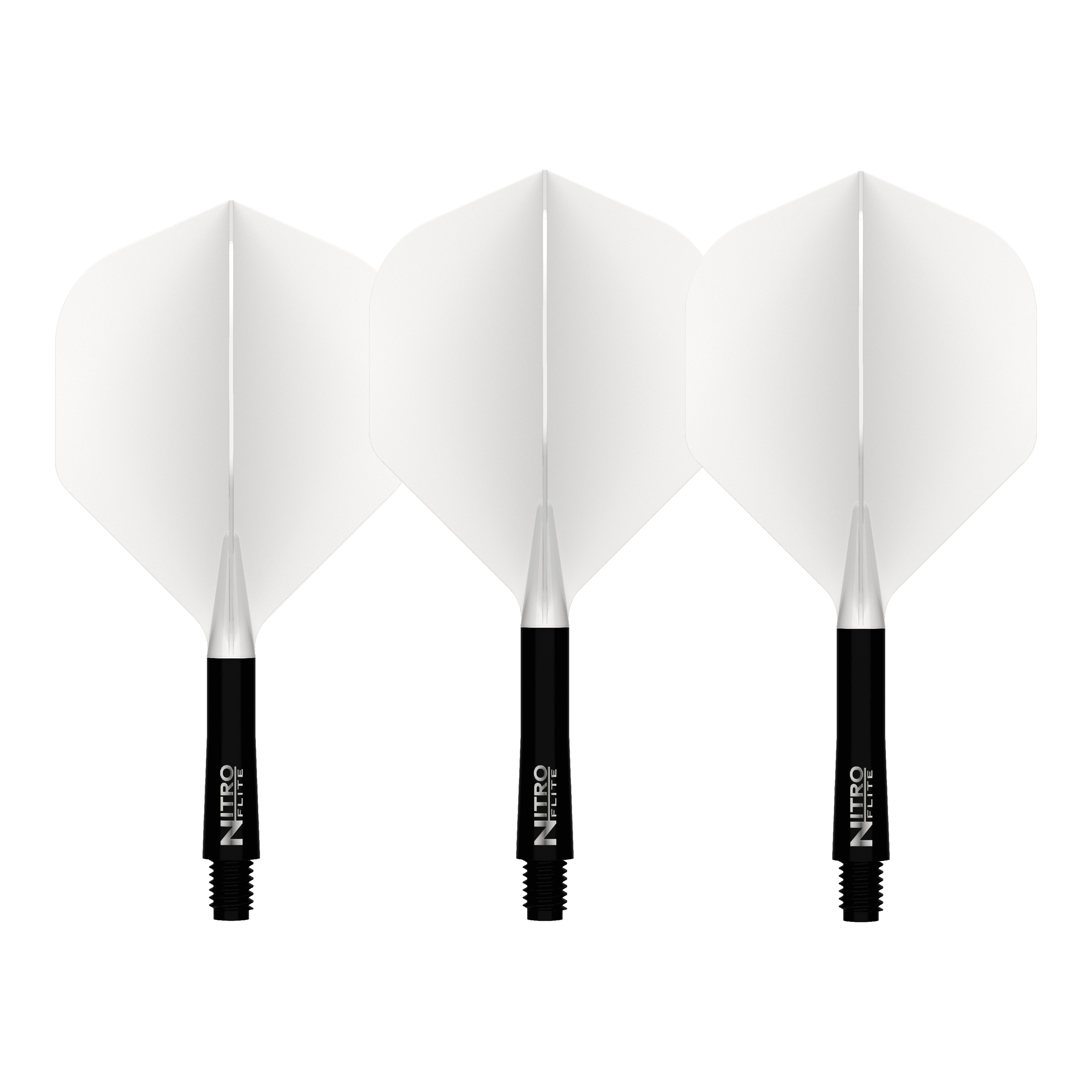 Abgebildet ist der Red Dragon Nitroflite Black Shaft White Flights No2. Es handelt sich um einen Dart-Schaft in Schwarz mit weißen Flights.