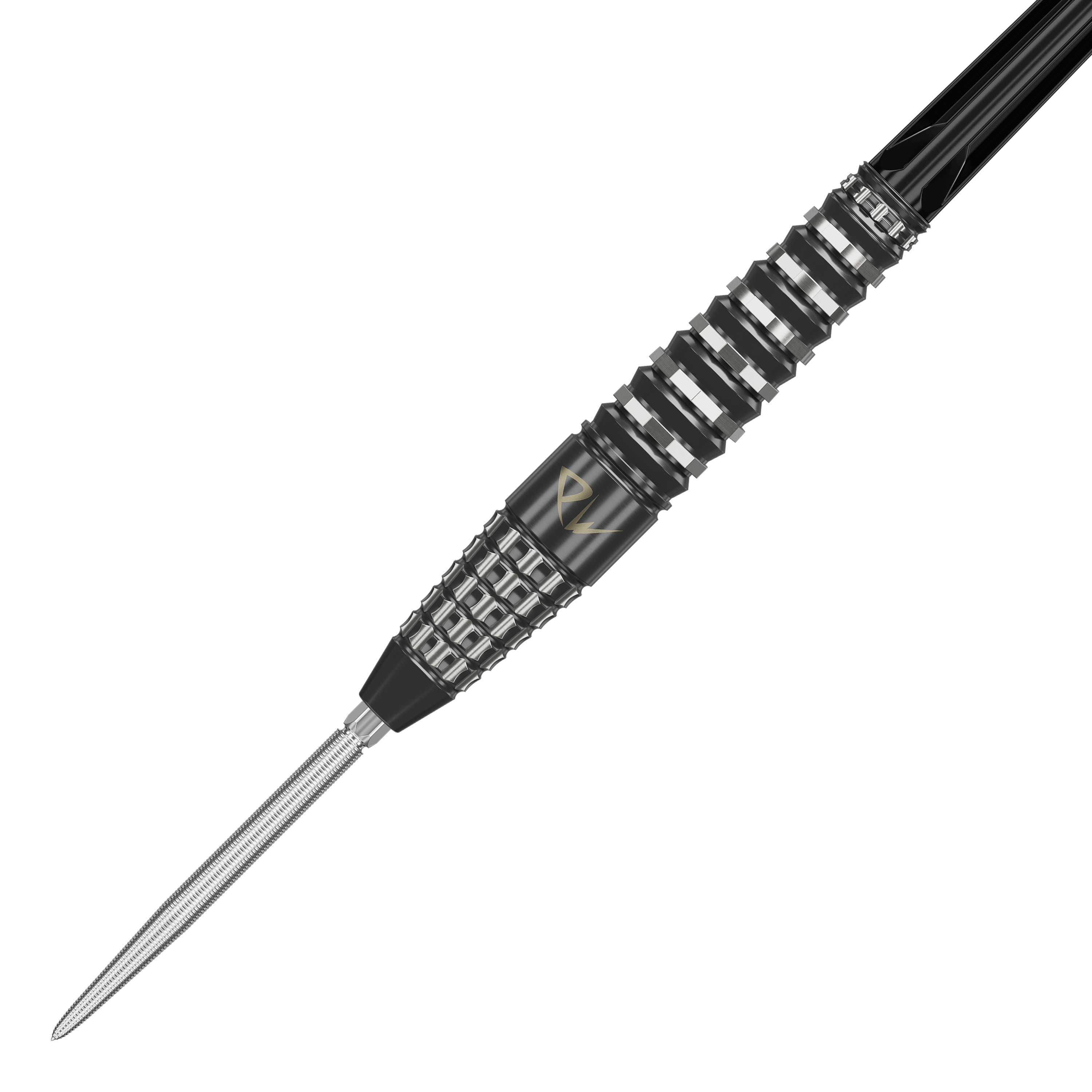 Das Bild zeigt den Target Japan Black Marque PW Swiss Point Steeldart. Der Dartpfeil ist schwarz-silber und hat ein markantes, strukturiertes Griffdesign.