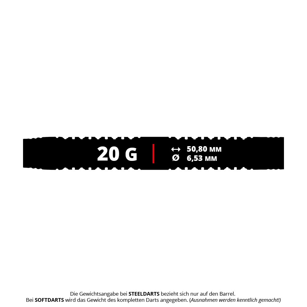 Winmau Cypher Softdarts - 20g Das Bild zeigt die Produktangaben für die Winmau Cypher Softdarts mit einem Gewicht von 20 Gramm. Die Länge beträgt 50,80 mm und der Durchmesser 6,53 mm.