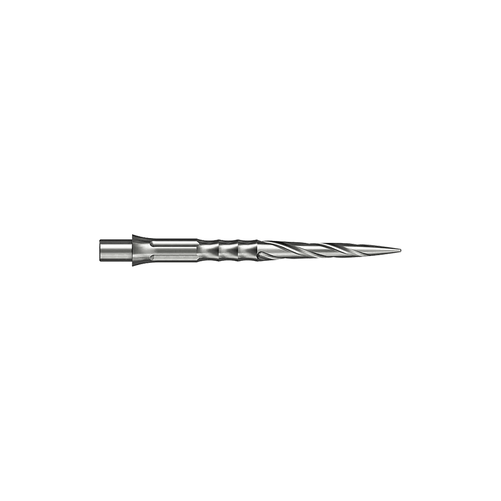 Caliburn System Steeldartspitzen - Spiro - NoLip - Silber Hier sind silberne Steeldartspitzen des Caliburn Evo Systems mit Spiro-Design und 28 mm Länge abgebildet. Zwei dieser Spitzen liegen nebeneinander.