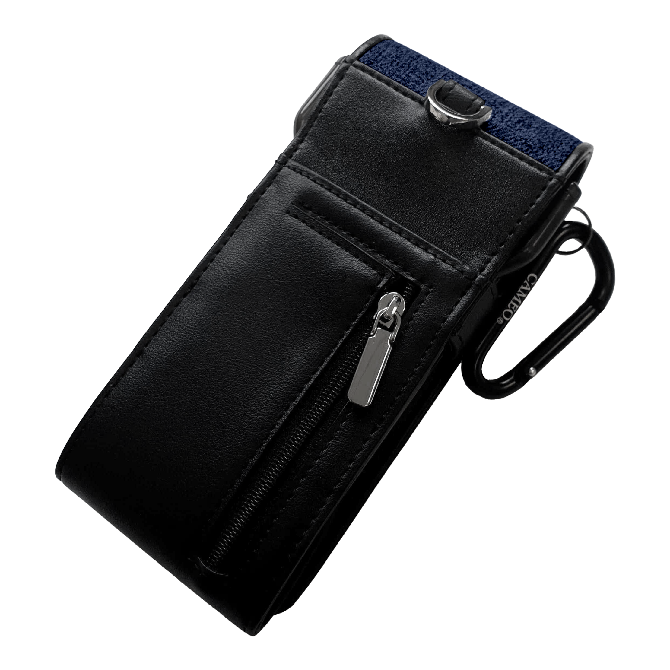 Dies ist ein elegantes Etui aus schwarzem Material mit einem Reißverschlussfach. Es hat einen Metallclip und einen Karabiner zur Befestigung.