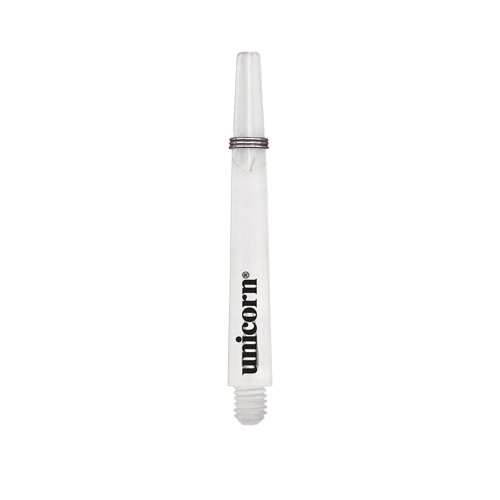 Das Bild zeigt einen klaren Unicorn Gripper 3 Mirage Shaft mit einer Länge von 44,2 mm. Auf dem Schaft ist das schwarze "unicorn" Logo zu sehen.