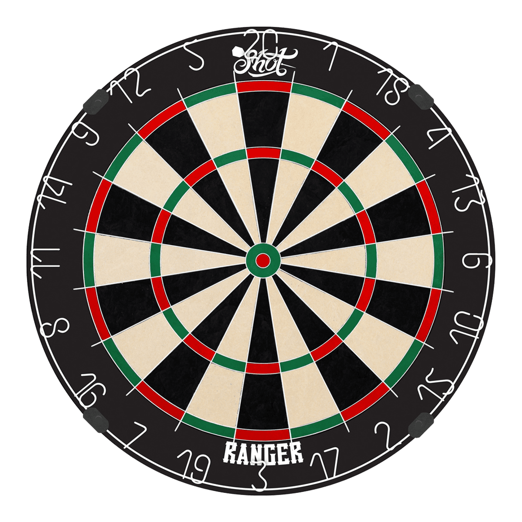 Das Bild zeigt eine klassische Steeldart-Scheibe mit dem Namen "Shot Ranger Steeldartboard". Die Scheibe hat abwechselnd schwarze und cremefarbene Felder sowie rote und grüne Markierungen.