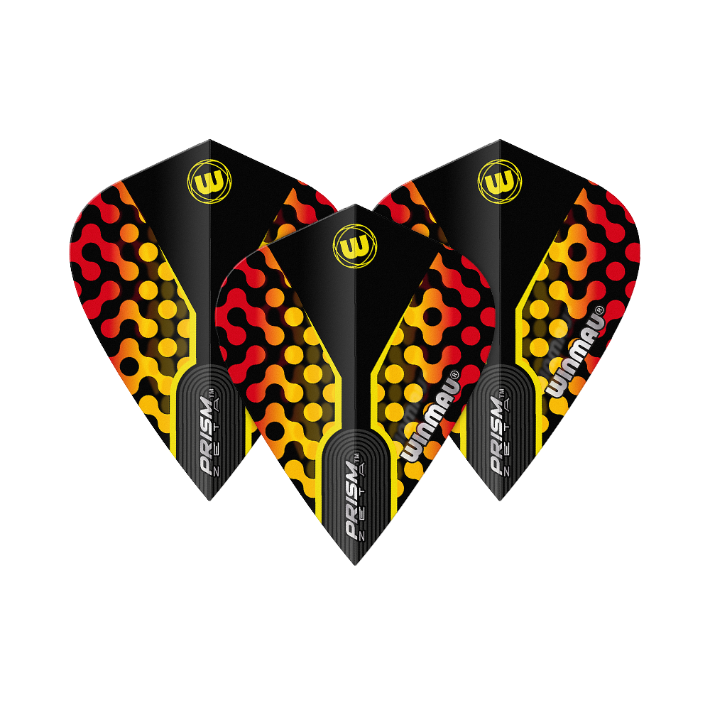 Das Bild zeigt drei Winmau Zeta Black Yellow Red Kite Flights für Dartpfeile. Die Flights sind schwarz mit gelben und roten Mustern und einem Winmau-Logo.