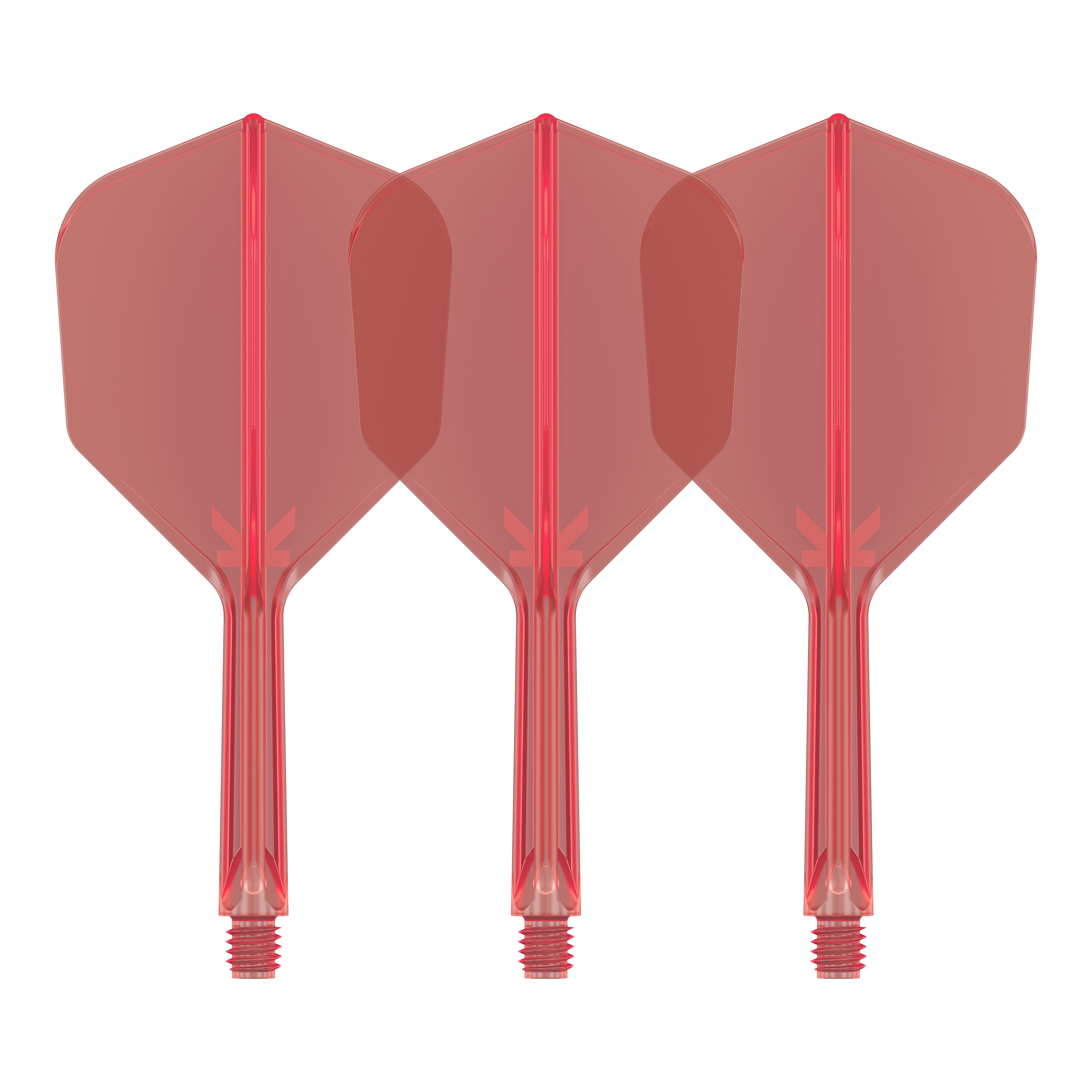 Das Bild zeigt drei rote Dart-Flights mit integrierten Schäften. Sie sind nebeneinander angeordnet und identisch in Form und Größe.