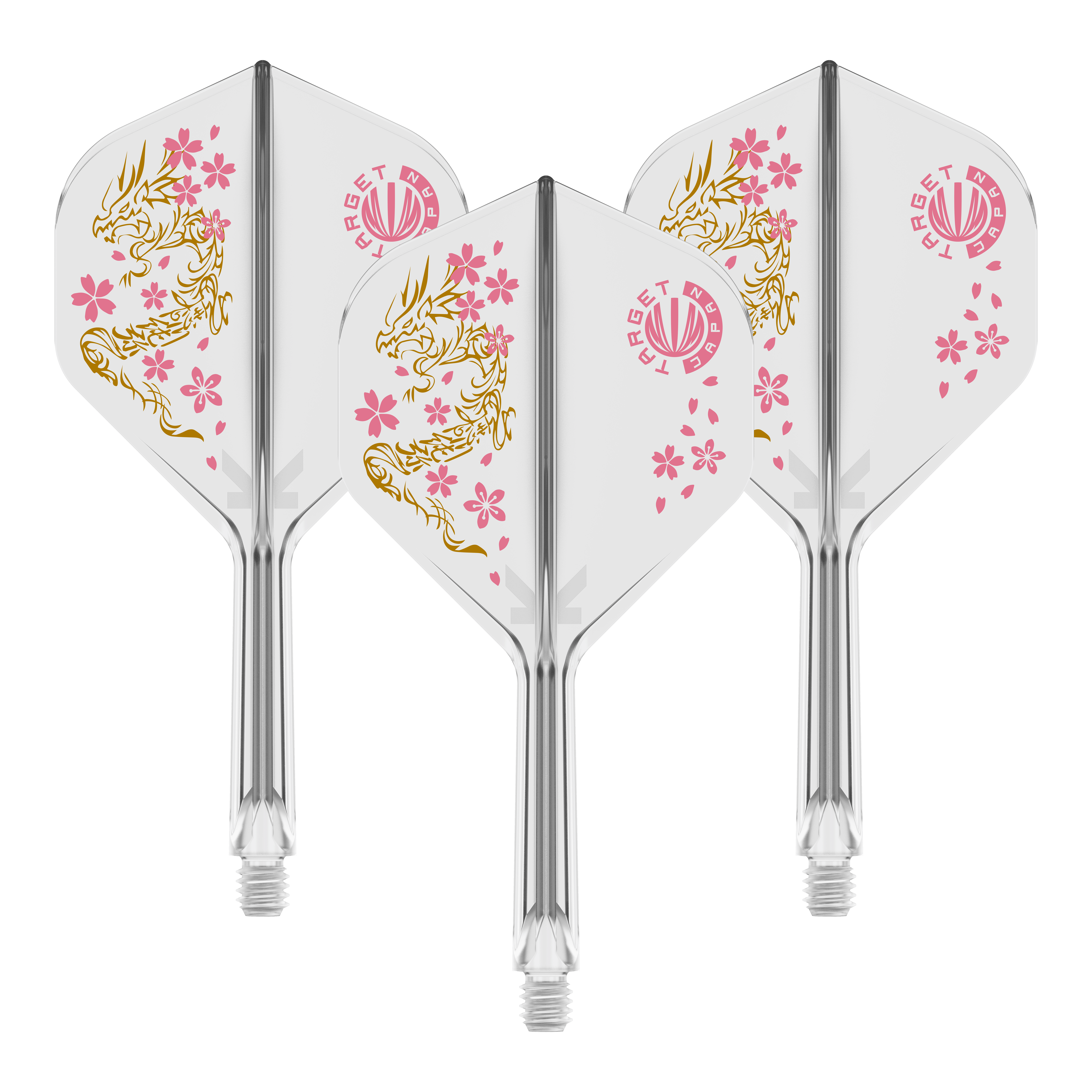 Target Japan K-Flex Smash No2 Standard Flight-Shaft-System Das Bild zeigt drei Dartflights des Produkts "Target Japan K-Flex Smash No2 Standard Flight-Shaft-System". Die Flights sind weiß mit einem goldenen Drachendesign und rosa Kirschblüten verziert.