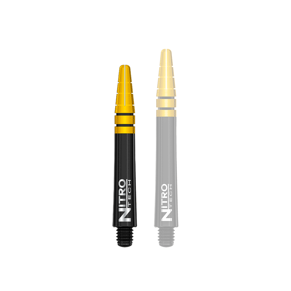 C700_Red_Dragon_Nitrotech_Black_Gold_Shafts_36mm_1OLJhbU4soyciE Das Bild zeigt zwei schwarze und goldene Dartschäfte des Produkts "Red Dragon Nitrotech Shafts - Black Gold". Auf den Schäften steht in weißen Buchstaben "NITRO TECH".