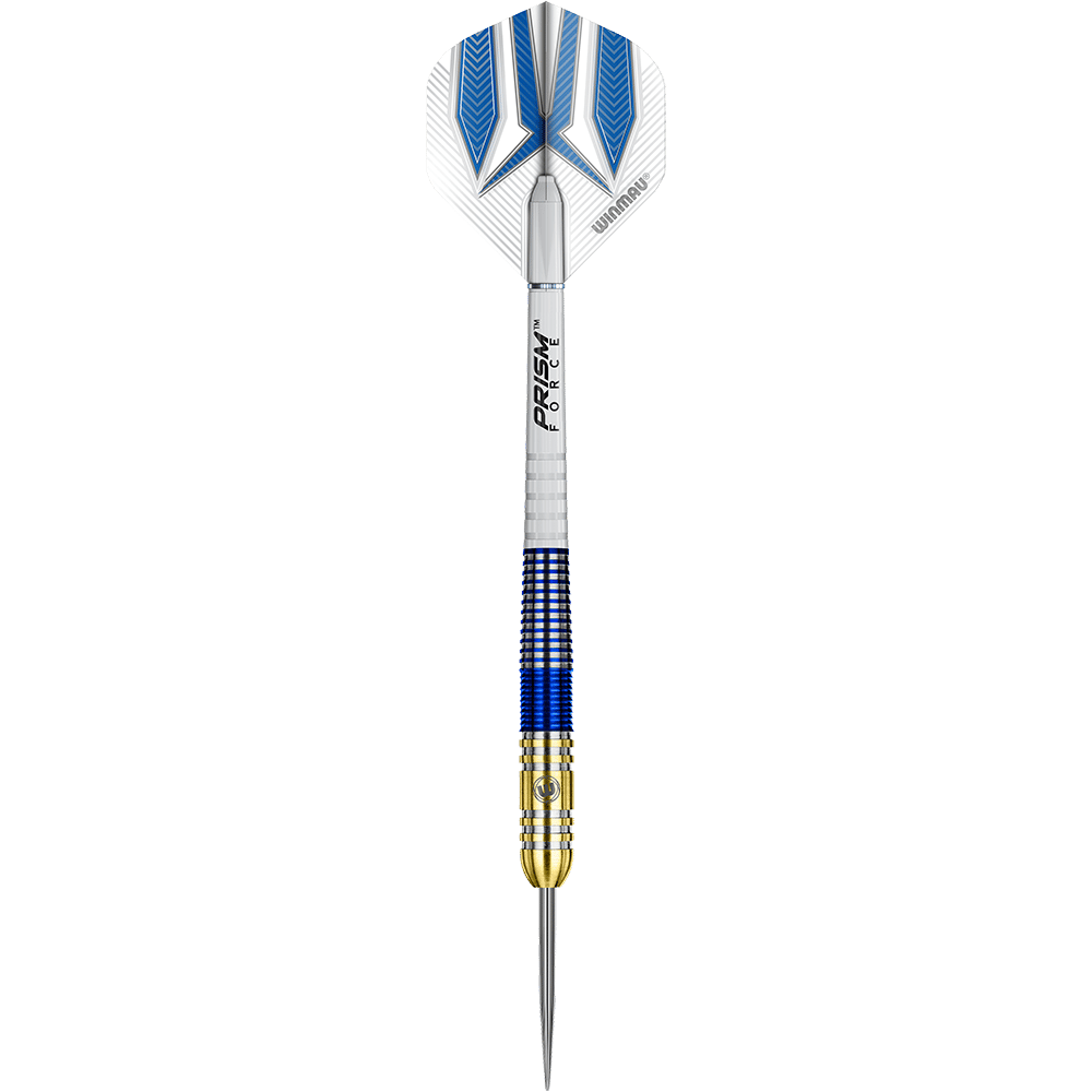 Das Bild zeigt einen Winmau Steve Beaton Tungsten Steeldart mit blauen und goldenen Akzenten. Der Dartpfeil hat eine metallische Spitze und ein modernes Design.