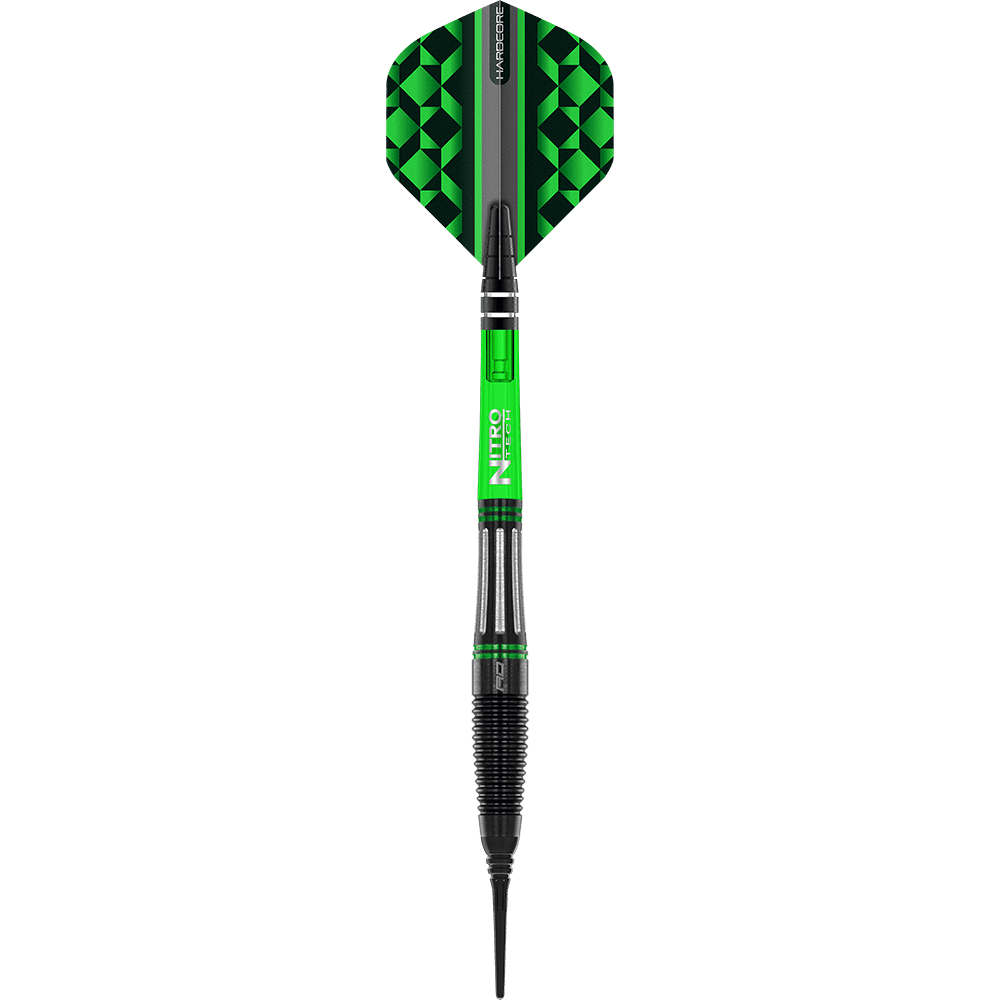 Das Bild zeigt einen Red Dragon Slipstream Softdart mit einem Gewicht von 20 Gramm. Der Dart ist schwarz mit grünen Akzenten und einem geometrisch gemusterten Flight.