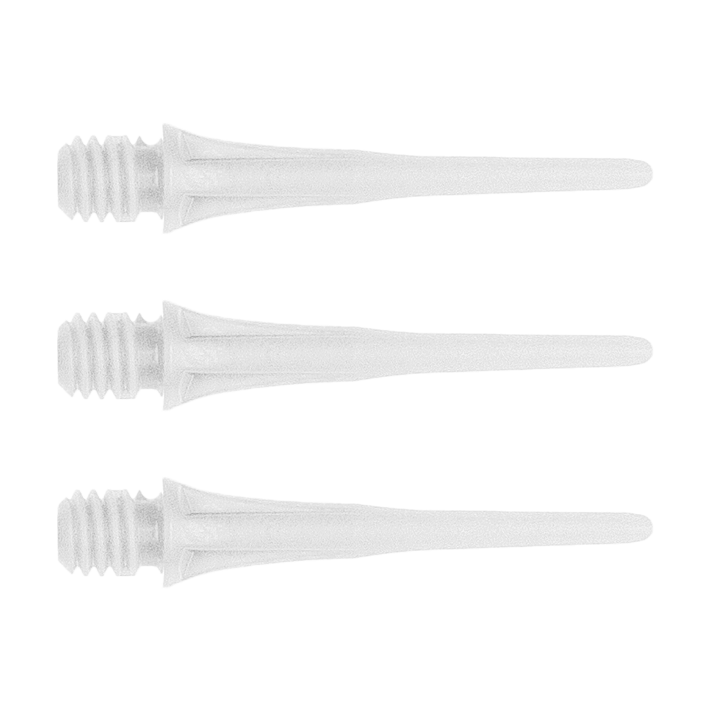 Das Bild zeigt drei weiße Dartspitzen des Produkts "Cosmo Fit Point Plus 2BA Spitzen 25mm". Sie haben ein Schraubgewinde und sind für Softdarts geeignet.