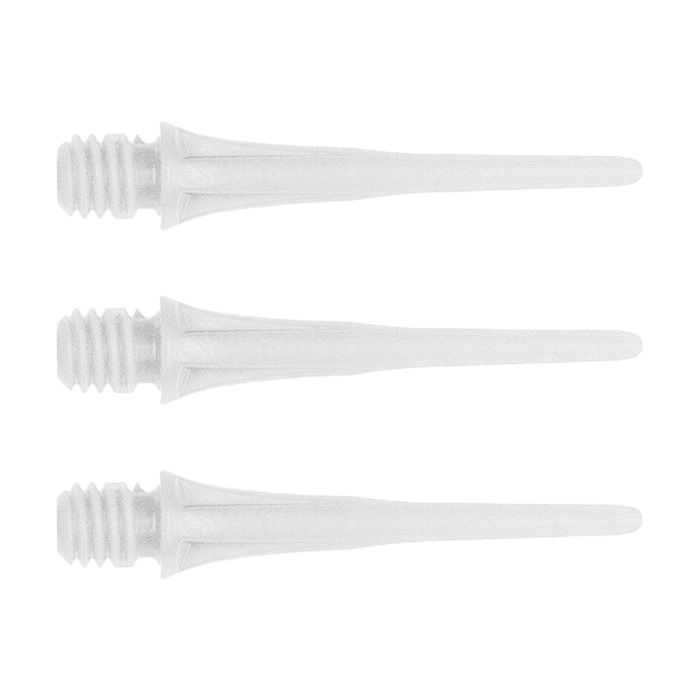 Cosmo Fit Point Plus 2BA Spitzen 25mm (50er Pack) Das Bild zeigt drei weiße Dartspitzen des Produkts "Cosmo Fit Point Plus 2BA Spitzen 25mm". Sie haben ein Schraubgewinde und sind für Softdarts geeignet.