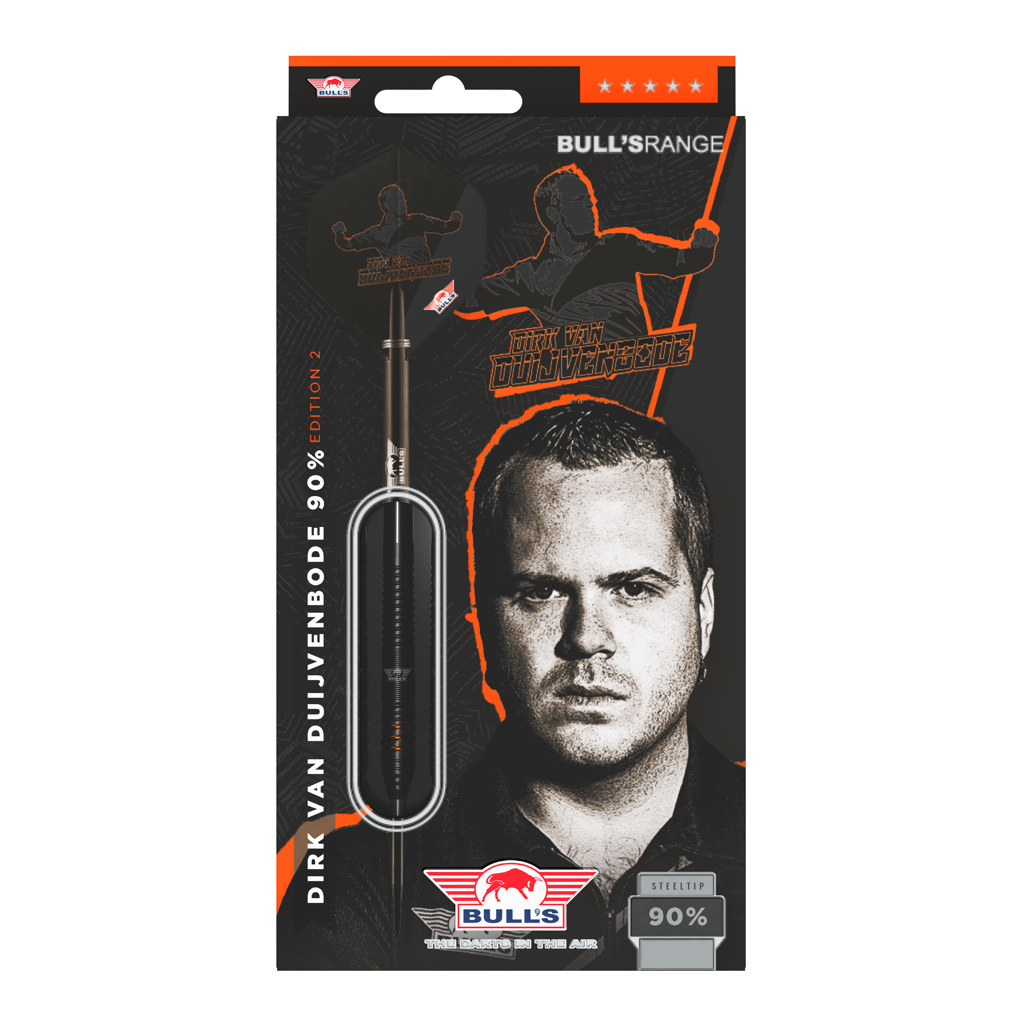 Bulls NL Dirk Van Duijvenbode Edition 2 Steeldarts Die Abbildung zeigt die Verpackung der "Bulls NL Dirk Van Duijvenbode Edition 2 Steeldarts". Auf der Verpackung ist ein Bild von Dirk Van Duijvenbode sowie ein Dartpfeil zu sehen.