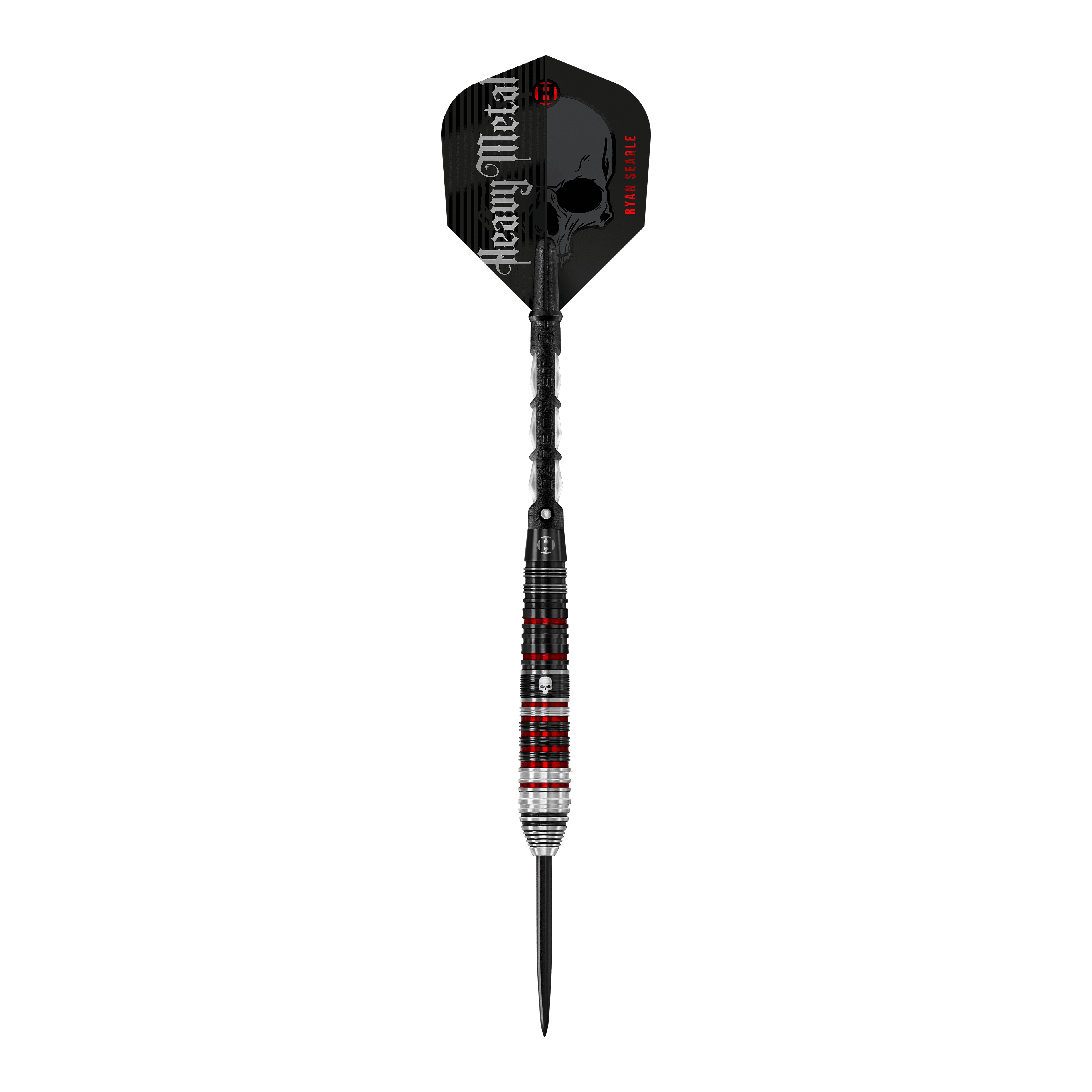 Das Bild zeigt einen "Harrows Ryan Searle Heavy Metal Series 2 Steeldart". Der Dartpfeil ist überwiegend schwarz mit silbernen und roten Akzenten sowie einem Totenkopf-Design auf dem Flight.