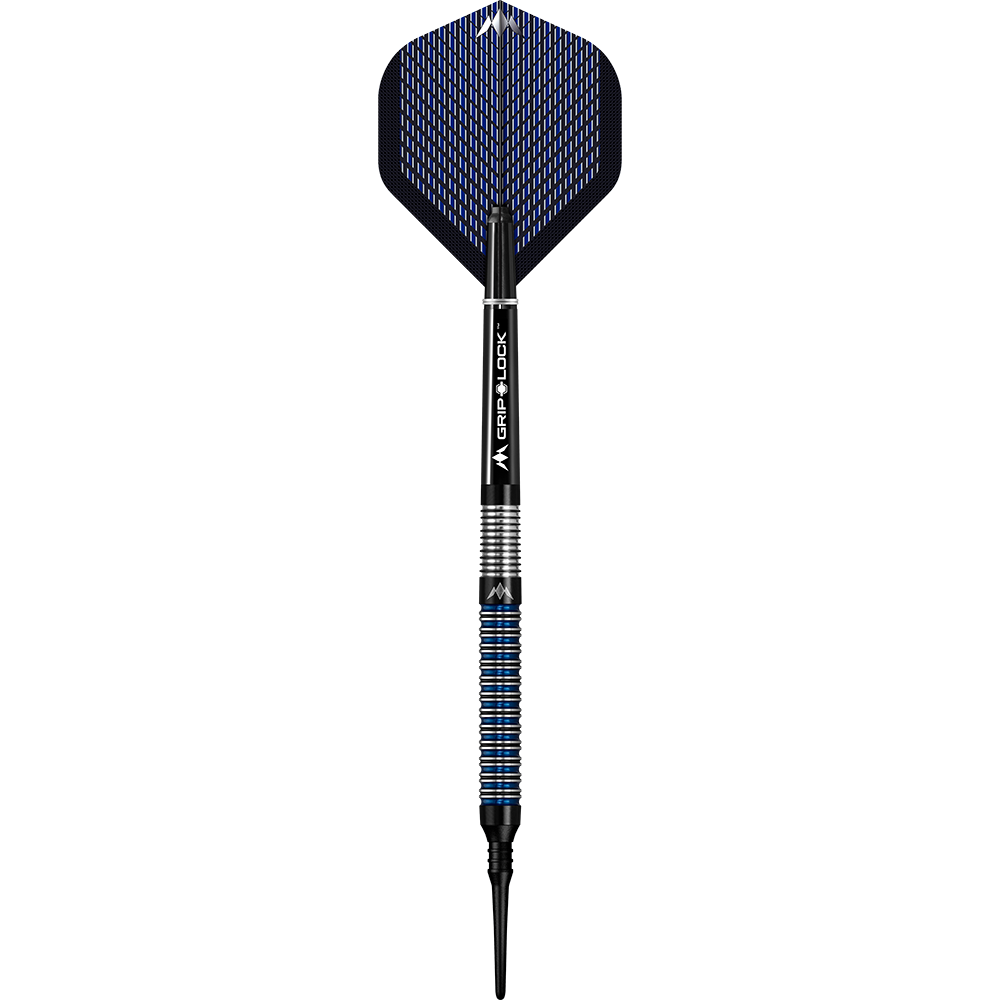 Mission Nightfall Model 1 Softdarts Das Bild zeigt einen Softdart namens "Mission Nightfall Model 1". Der Dart hat schwarze und blaue Akzente sowie eine strukturierte Griffzone.