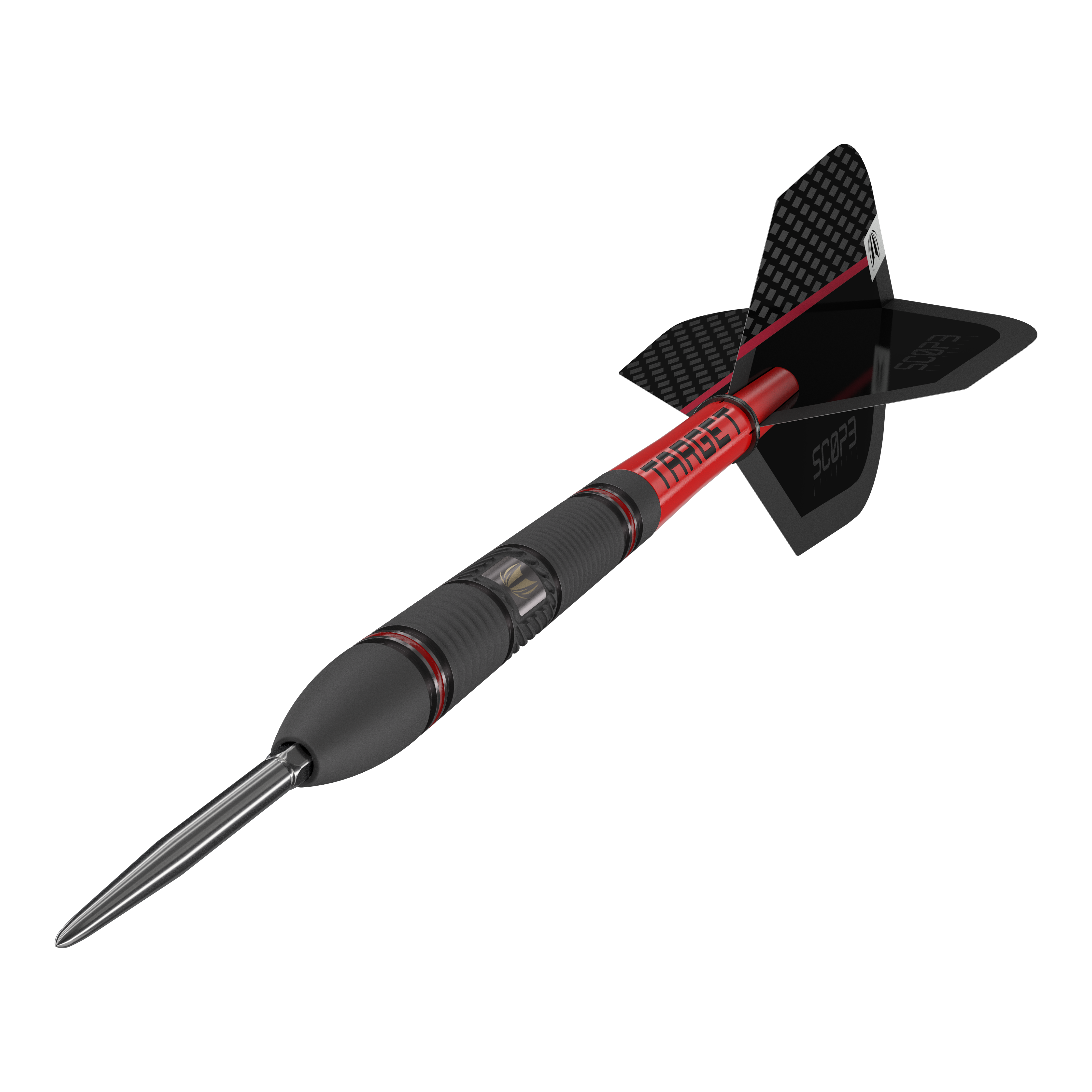Target Scope 02 Swiss Point Steeldarts Das Bild zeigt den Target Scope 02 Swiss Point Steeldart. Der Dartpfeil hat ein schwarzes und rotes Design mit einer metallischen Spitze und schwarzen Flights.