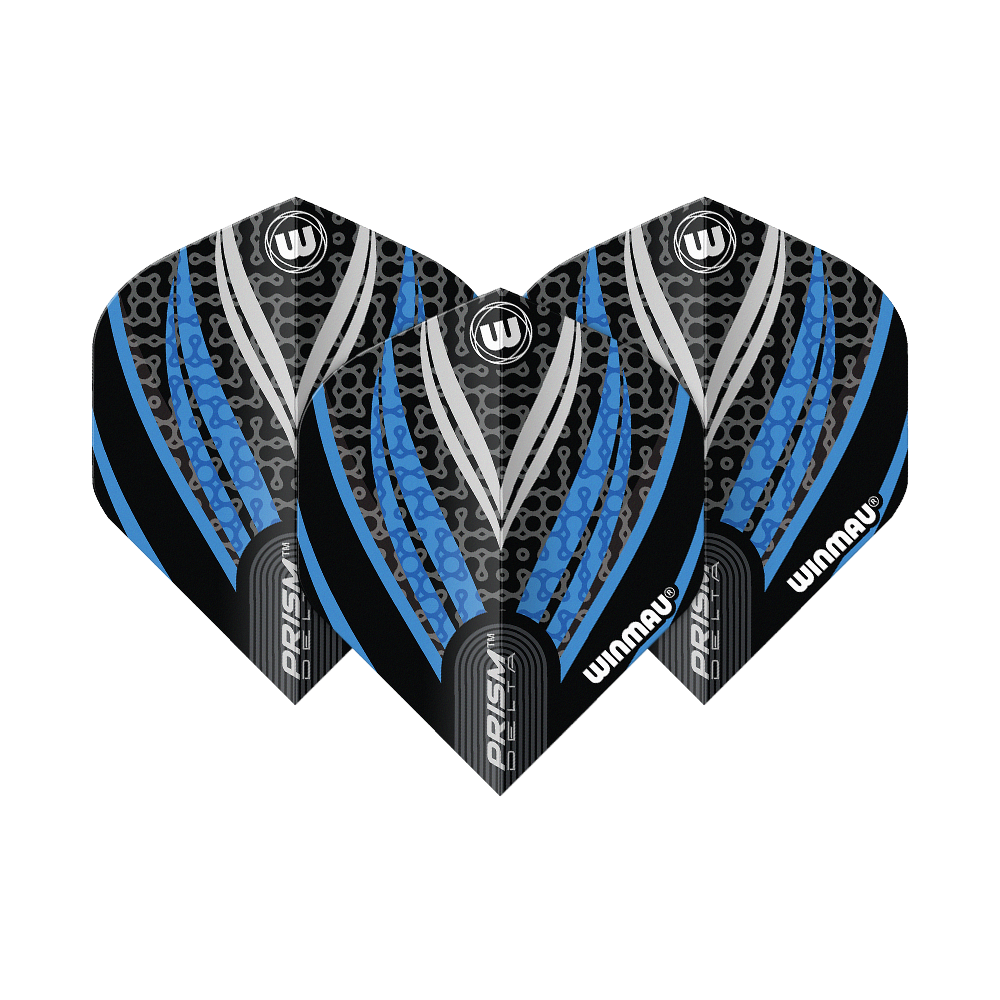 Winmau Prism Delta Schwarz Weiß Blau No2 Standard Flights Das Bild zeigt drei Dart-Flights des Modells "Winmau Prism Delta" in Schwarz, Weiß und Blau. Die Flights haben ein modernes, gemustertes Design mit den Markenaufschriften "Winmau" und "Prism Delta".