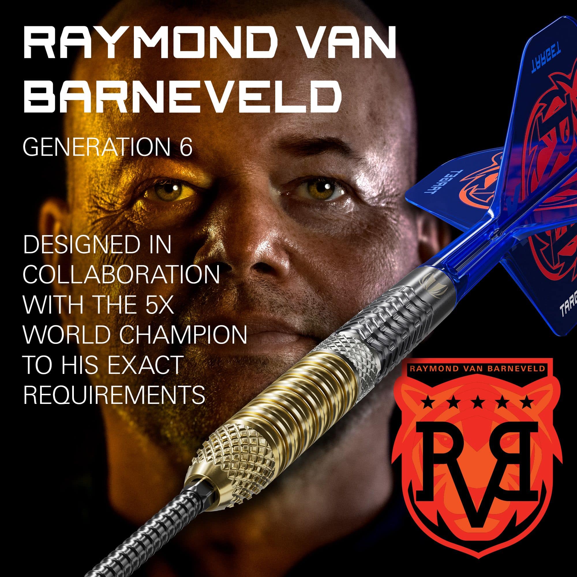 Target Raymond Van Barneveld GEN6 Swiss Point Steeldarts Das Foto präsentiert die Target Raymond Van Barneveld GEN6 Swiss Point Steeldarts. Das Design der Darts ist modern und von Raymond Van Barneveld inspiriert.