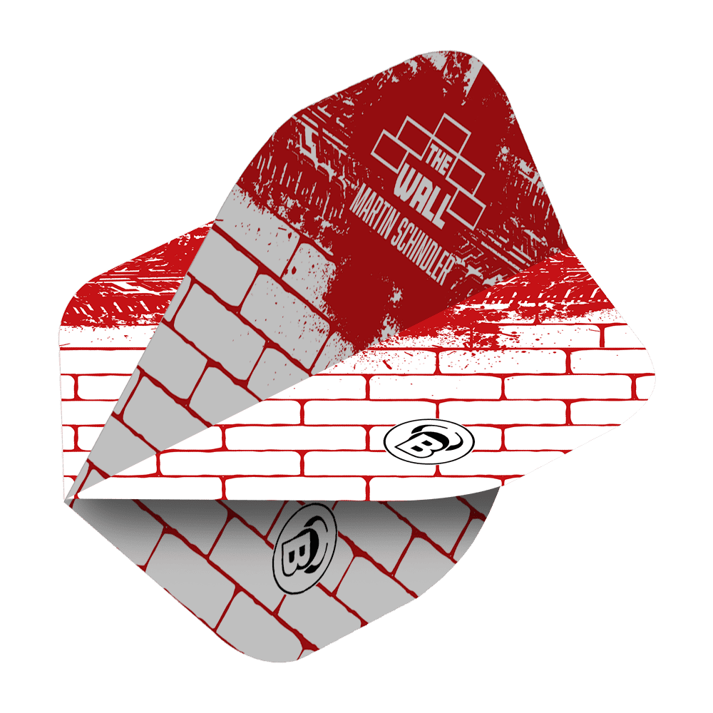 Das Bild zeigt ein Dartflight im roten und weißen Ziegelstein-Design mit der Aufschrift "The Wall Martin Schindler". Das Produkt ist ein Bulls Metrixx Martin Schindler White Red No2 Standard Flight.