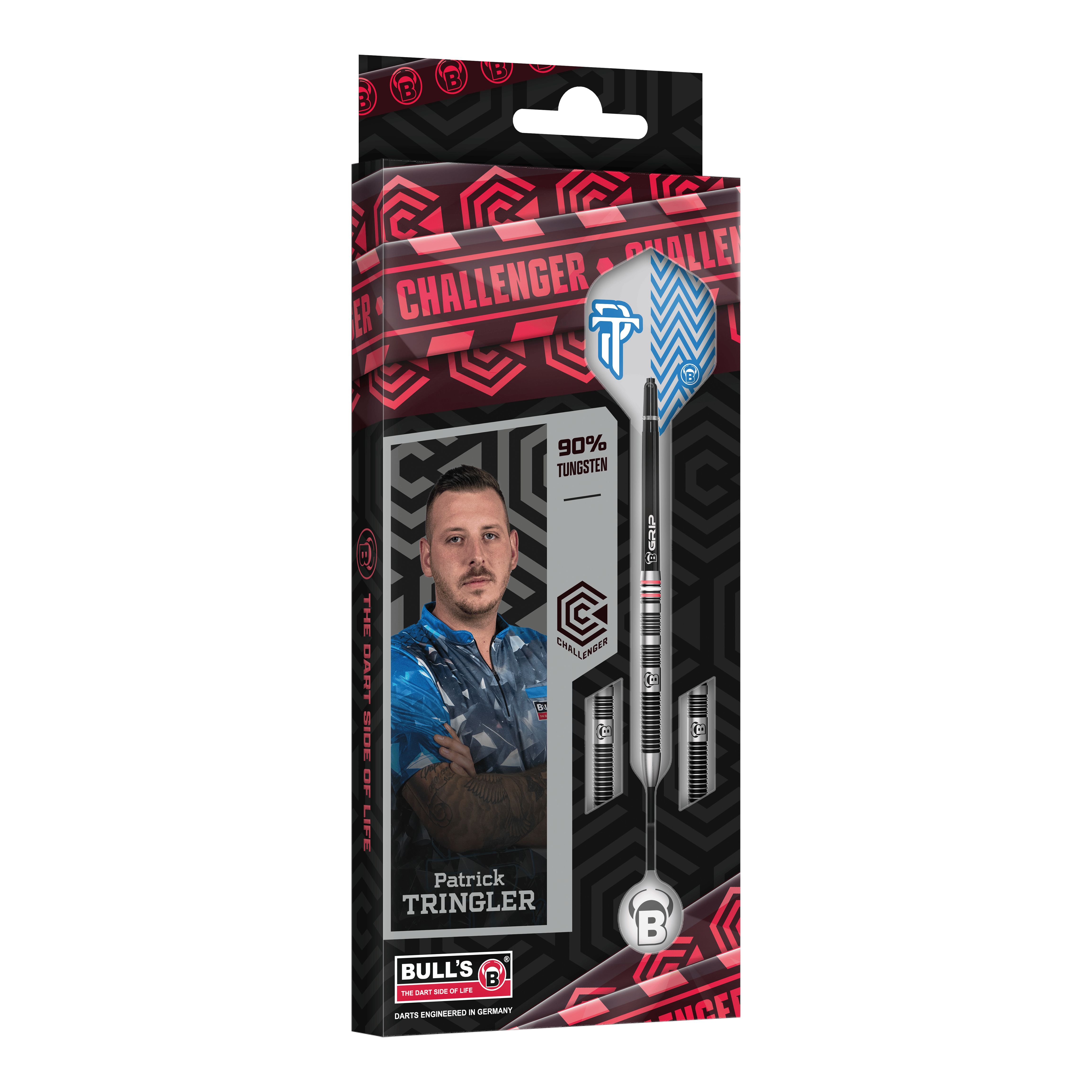 Bulls Challenger Patrick Tringler Steeldarts - 21g Zu sehen ist das Set Bulls Challenger Patrick Tringler Steeldarts mit 21g. Es handelt sich um hochwertige Steeldarts mit dem Namen des Profis Patrick Tringler.