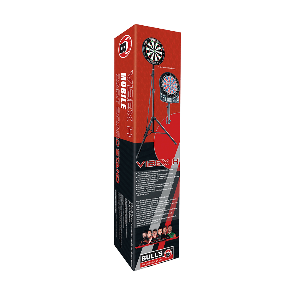 Die Abbildung zeigt die Verpackung des Produkts „Bulls Vibex H Dartboard Ständer“. Auf der Verpackung sind Bilder eines Dartständers mit Dartboard sowie Produktinformationen zu sehen.