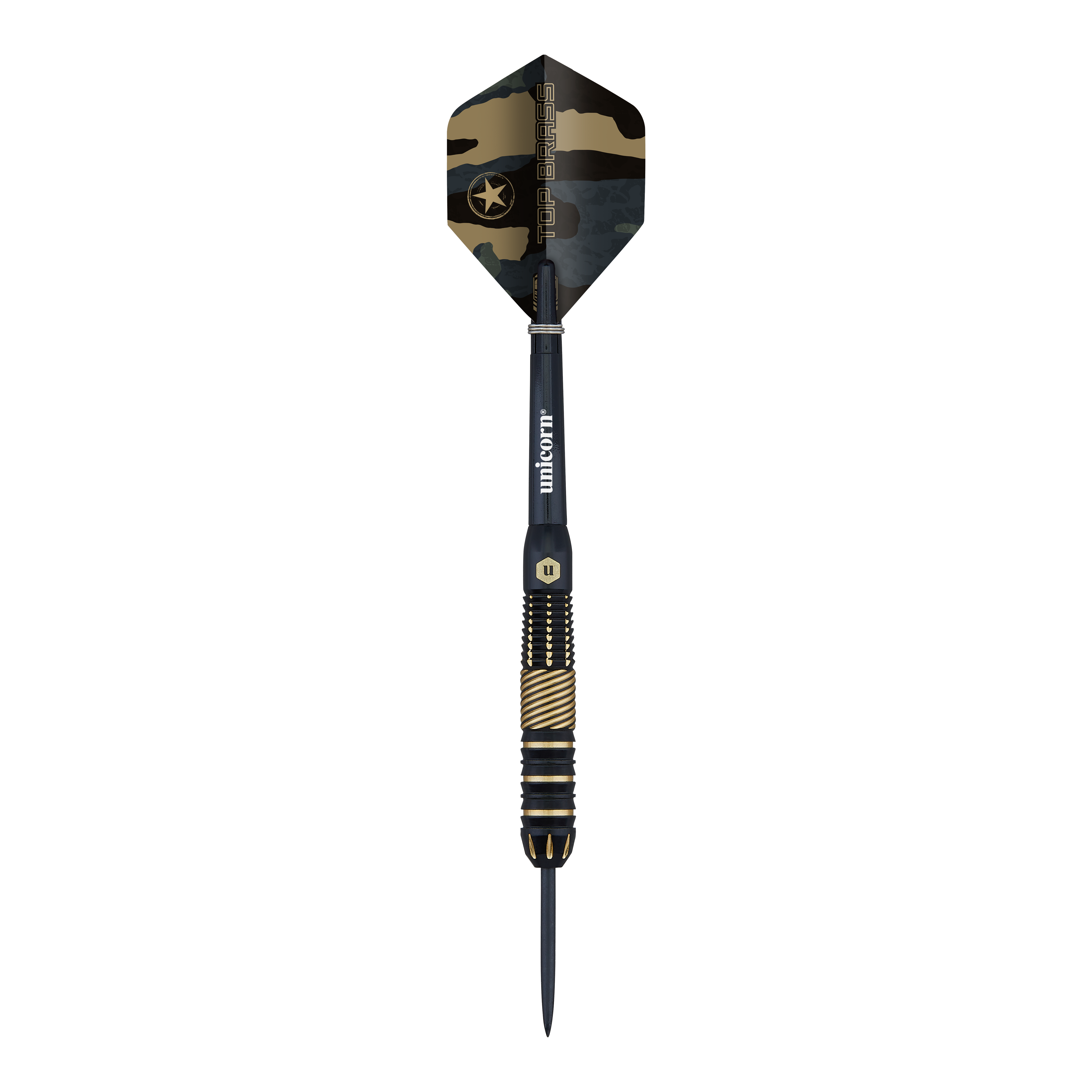 Dies ist ein Steeldart namens "Unicorn Top Brass V2" mit einem Gewicht von 19 Gramm. Er hat ein schwarzes und goldenes Design mit einem Tarnmuster auf dem Flight.