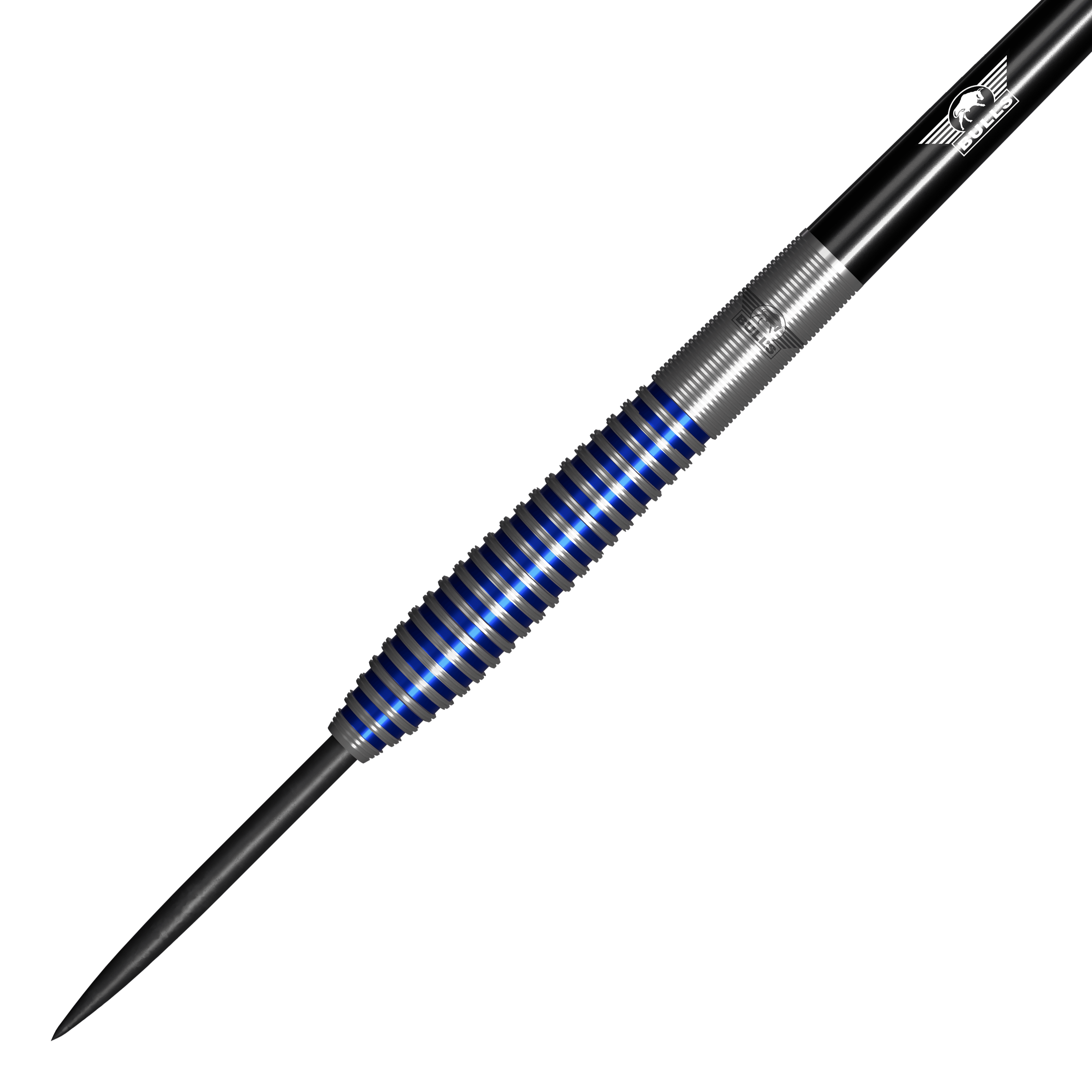 Bulls NL Romeo Grbavac Steeldarts - 23g Das Bild zeigt einen Steeldartpfeil mit silbernen und blauen Ringen am Griff. Es handelt sich um das Produkt "Bulls NL Romeo Grbavac Steeldarts - 23g".