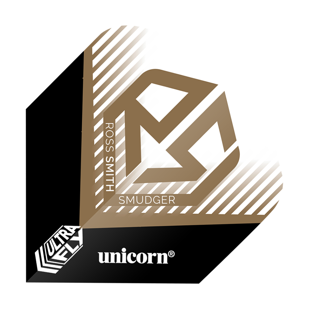 Das Bild zeigt ein Dartflight mit dem Namen "Unicorn Ultrafly 100 Ross Smith Plus Flights". Es ist in Schwarz, Weiß und Gold gestaltet und trägt den Namen "Ross Smith" sowie das Logo "Unicorn".