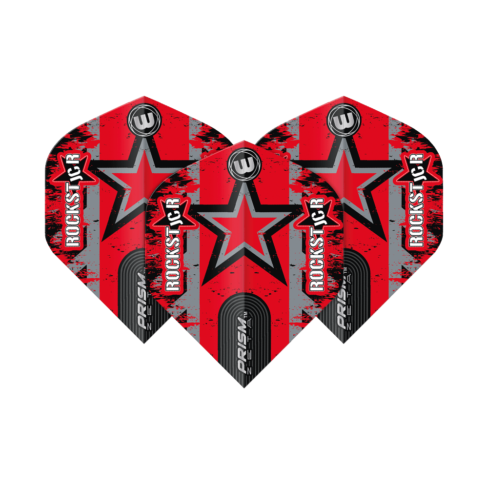 Das Bild zeigt drei rote Dartflights mit einem schwarzen Stern und dem Schriftzug "ROCKSTAR". Auf den Flights steht auch "PRISM ZETA" und das Winmau-Logo ist oben abgebildet.