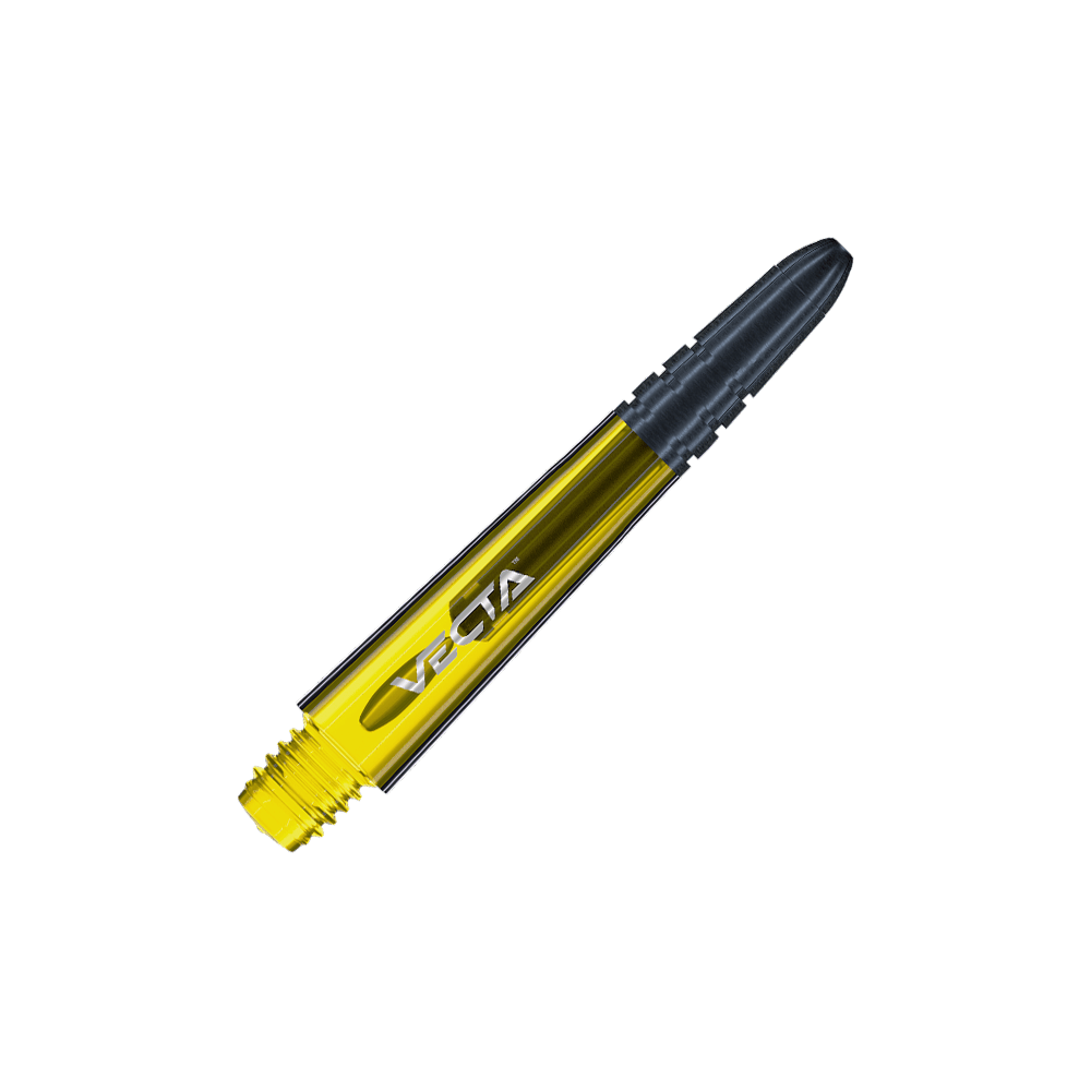 Das Bild zeigt einen Winmau Vecta Shaft in der Farbe Gelb. Der Schaft hat ein modernes Design mit einer schwarzen Spitze und der Aufschrift "VECTA".